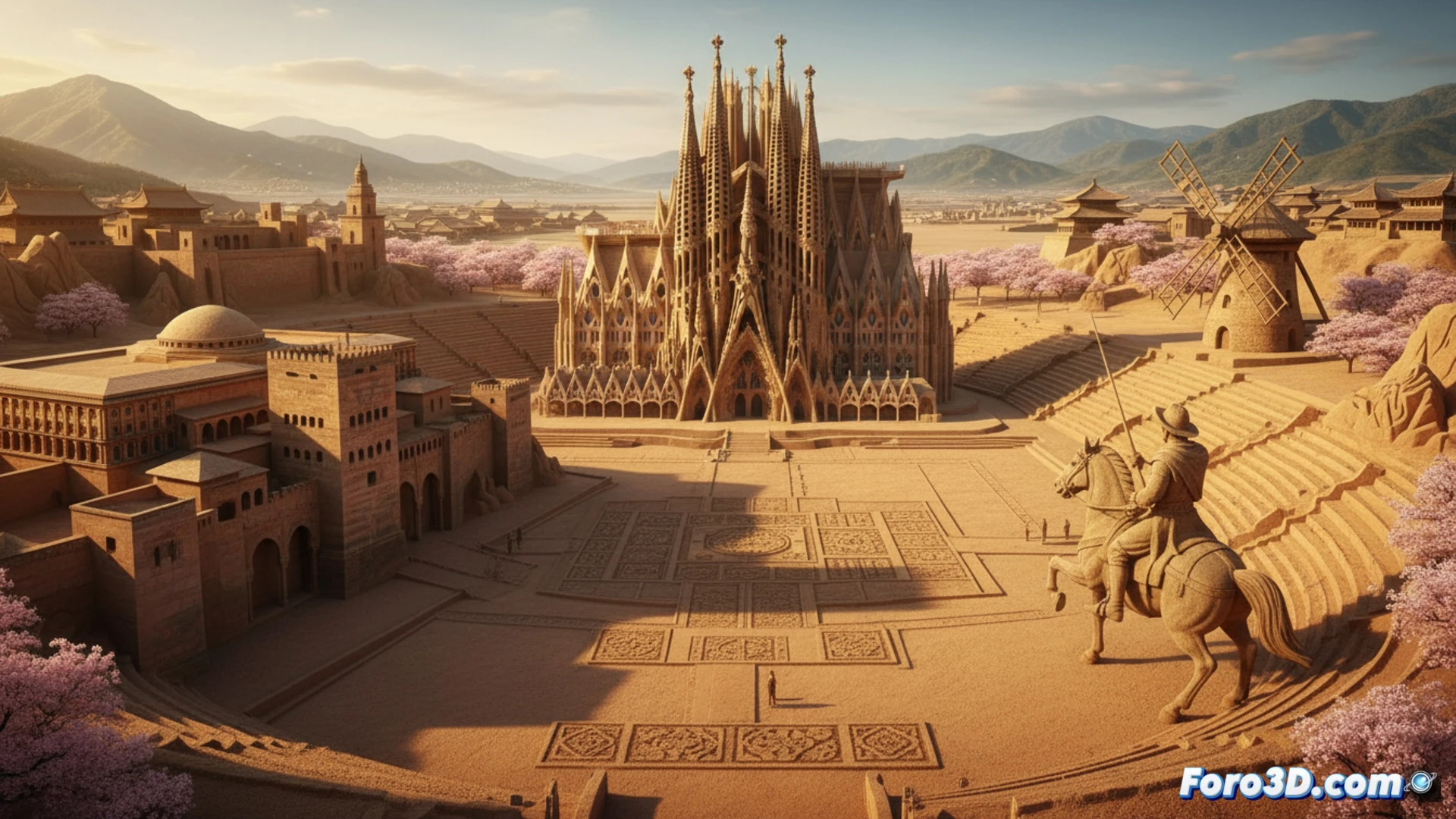 Esculturas de arena en Tottori: la Alhambra, Sagrada Familia y Don Quijote brillan bajo luz tenue.