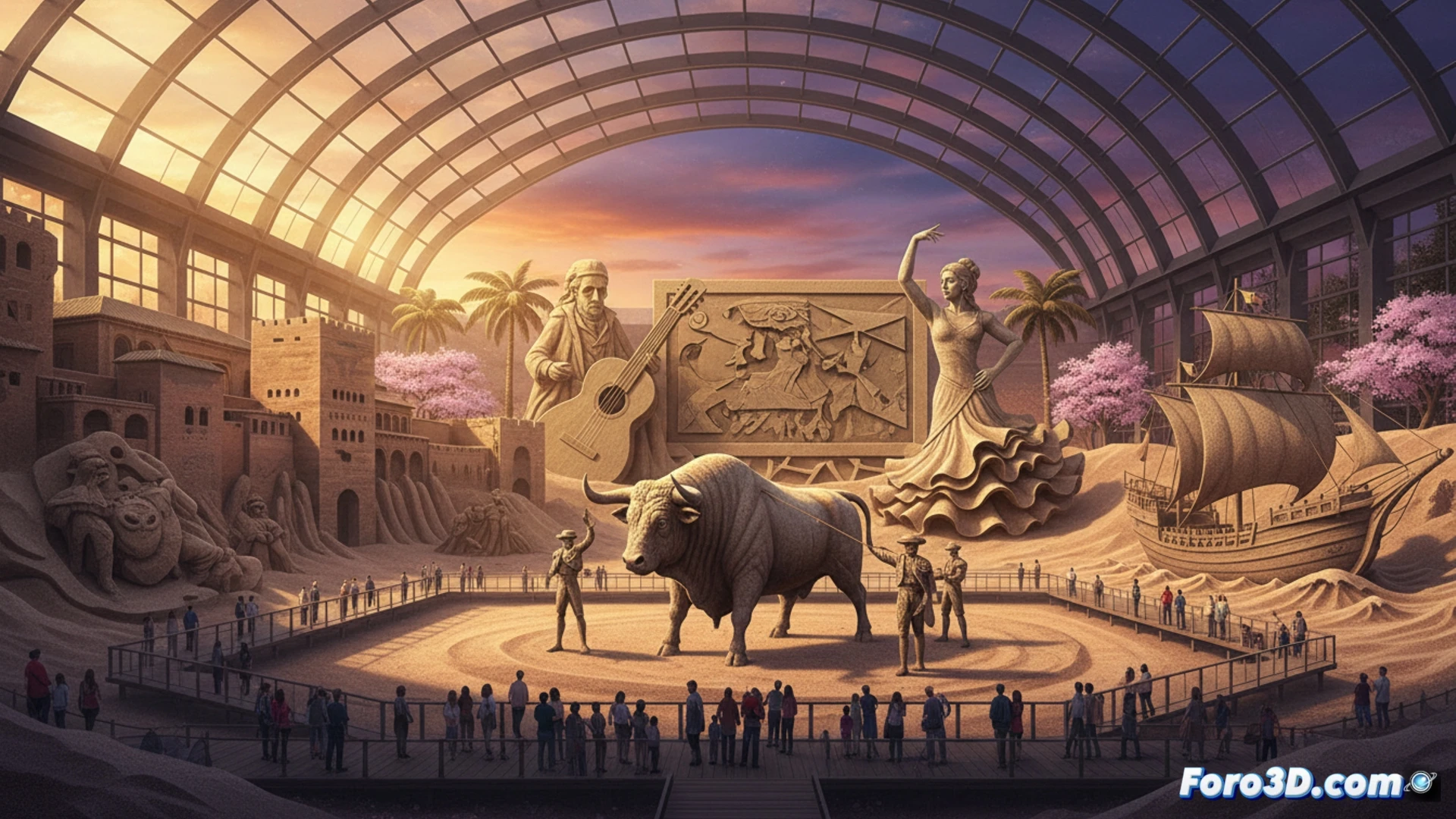 Una escultura de arena gigante de la Sagrada Familia y un flamenco bailaora bajo el sol en el Museo de Tottori.