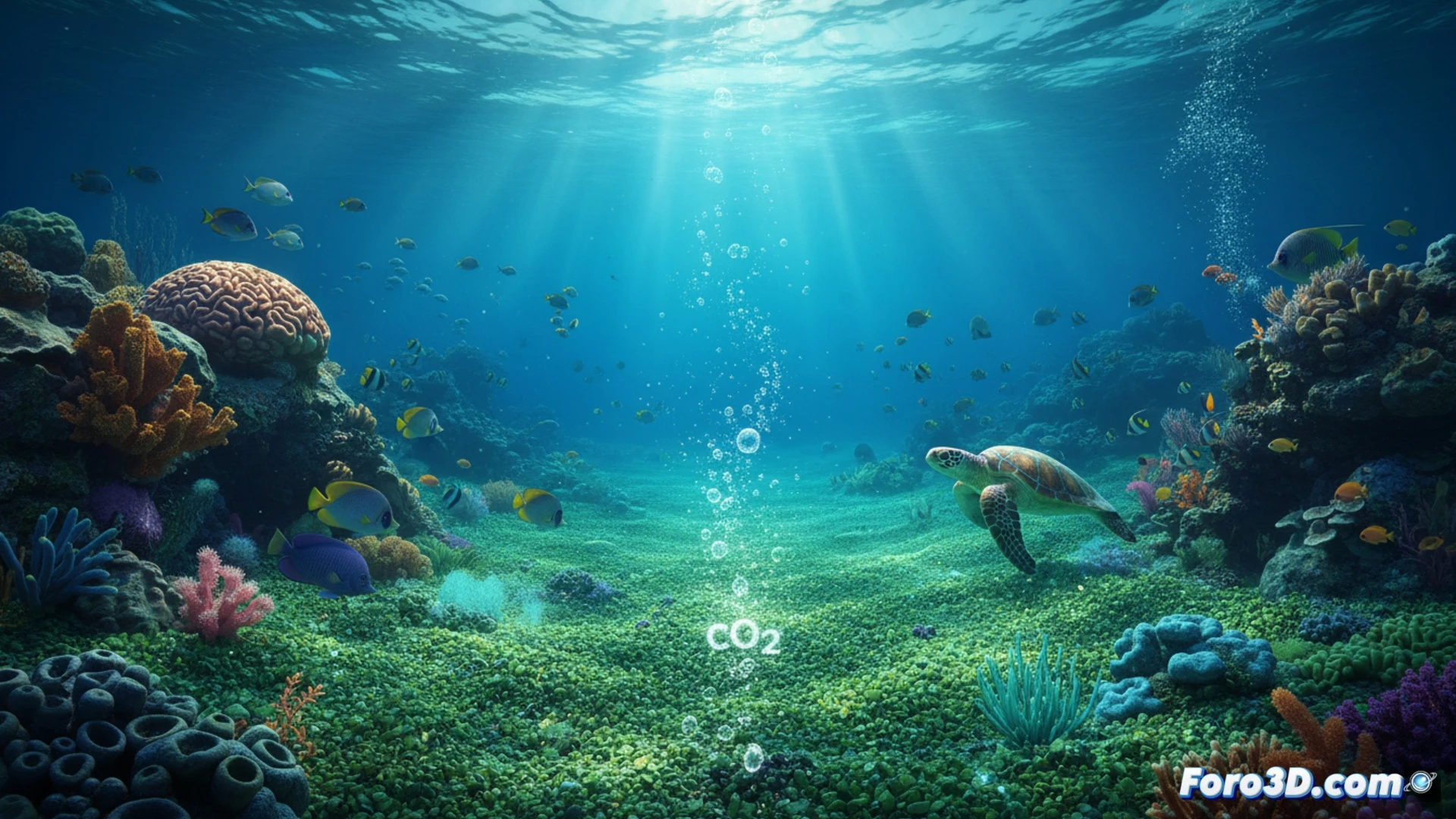 submarine volcanic sand bed with olivine green grains dispersing into seawater, carbon dioxide bubbles being captured and transformed into stable mineral crystals on grain surfaces, microscopic marine organisms like copepods and small crustaceans swimming unharmed through the reaction zone, technical engineering visualization showing the weathering process, cross-section underwater view with labeled chemical reaction zones, soft blue-green ocean lighting, realistic mineral texture, photorealistic scientific illustration, detailed sediment layers and suspended particles, cinematic depth of field