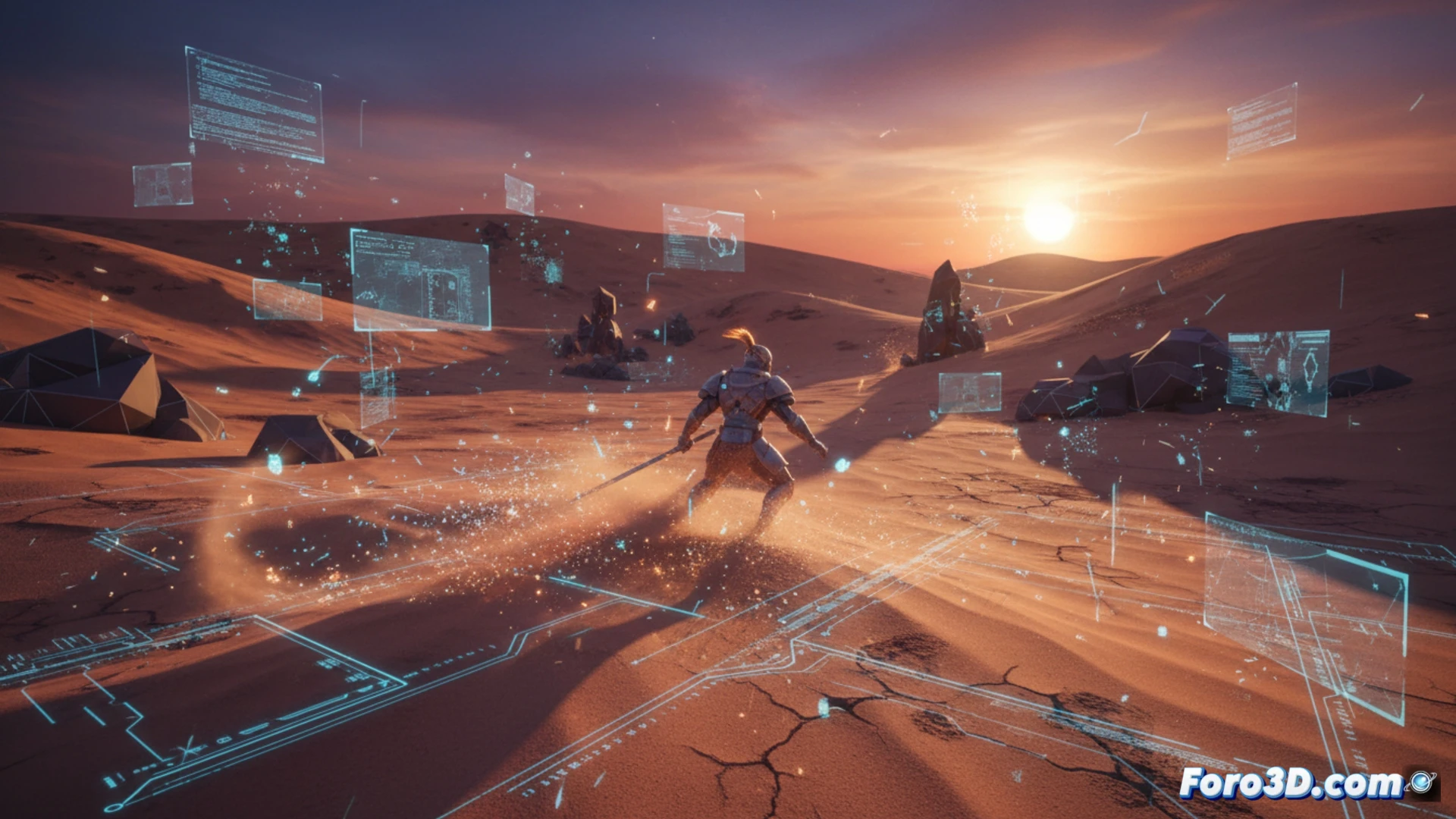Captura de Atlas Fallen con dunas de arena y partículas dinámicas en movimiento
