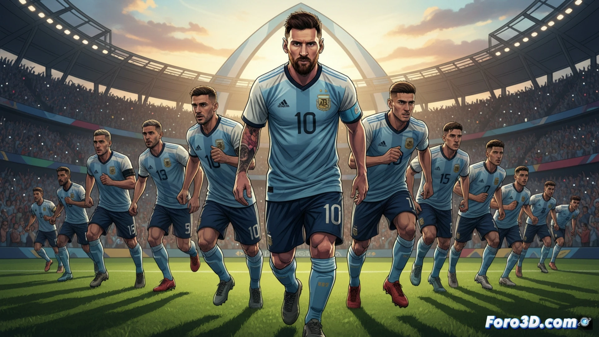 Argentina national football team tactical formation on a digital tactical board, veteran player silhouette with number 10 jersey standing next to young rising star player silhouette, both passing a glowing soccer ball between them, tactical arrows and formation lines connecting positions, worn championship trophy visible in background, cinematic sports visualization, photorealistic lighting, green pitch reflection on tactical screen, dynamic action pose during pass, strategic team layout, ultra-detailed player textures, dramatic stadium floodlights, realistic tactical overlay