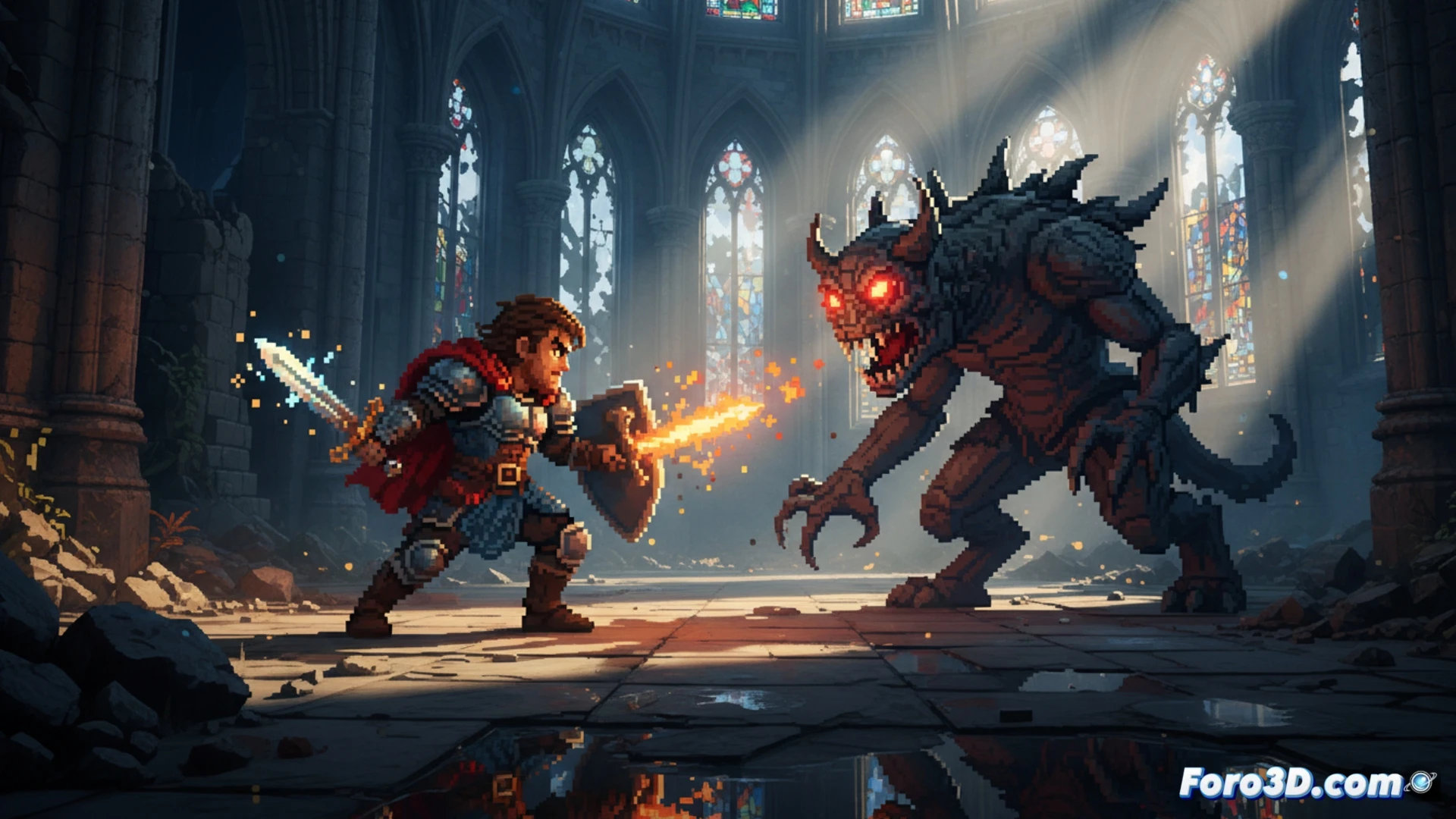 Escena de Arisen Force Vonimir con pixel art y luces 3D en Unreal Engine 5