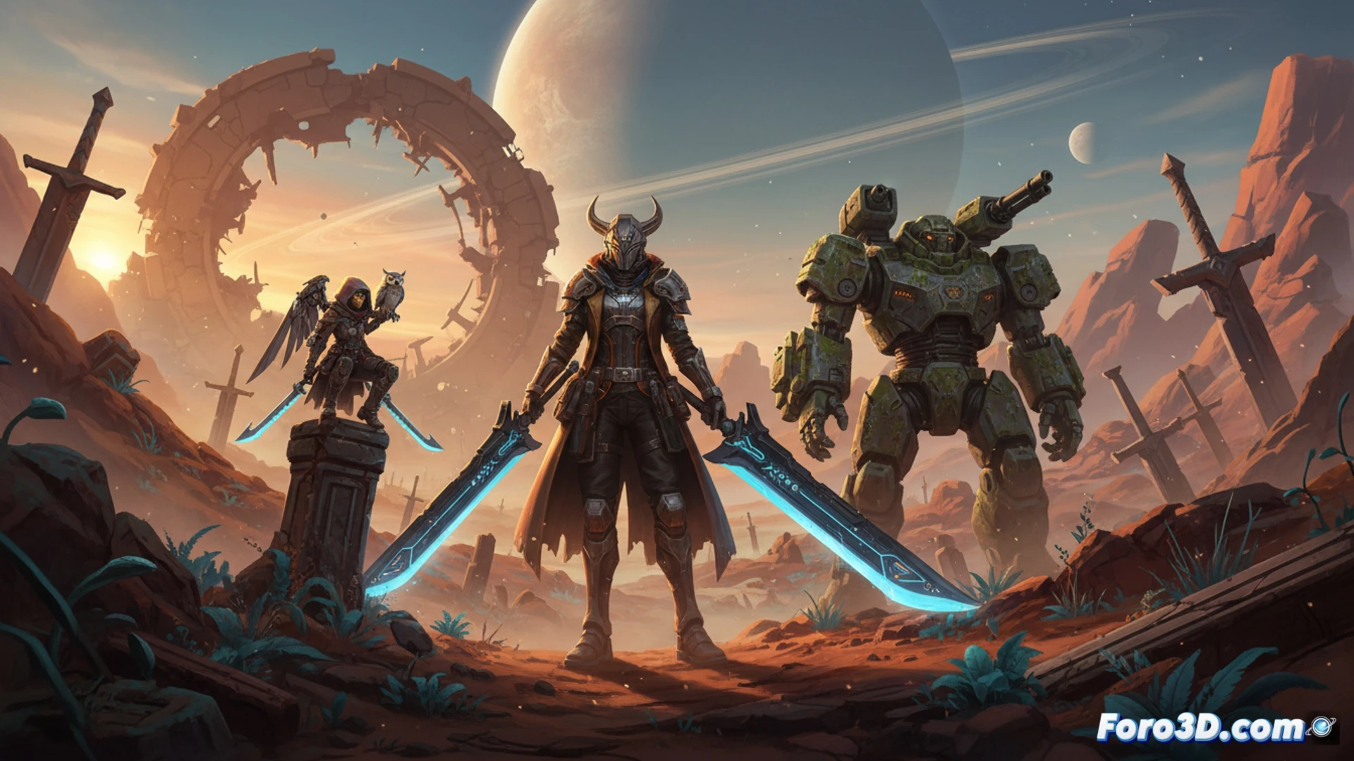ruins of Sword Vault Dale in Talos-II, two new playable characters activating tactical abilities near ancient metallic monoliths, Vigilia Wuling faction members scanning glowing Lost Heirlooms with handheld holographic tools, dust particles rising from stone cracks during exploration, cinematic engineering visualization, dynamic lighting from energy weapons casting blue and orange highlights on weathered steel structures, ultra-detailed sci-fi architecture with embedded circuitry, photorealistic technical render, dramatic action pose showing character leaping over debris while deploying a deployable turret