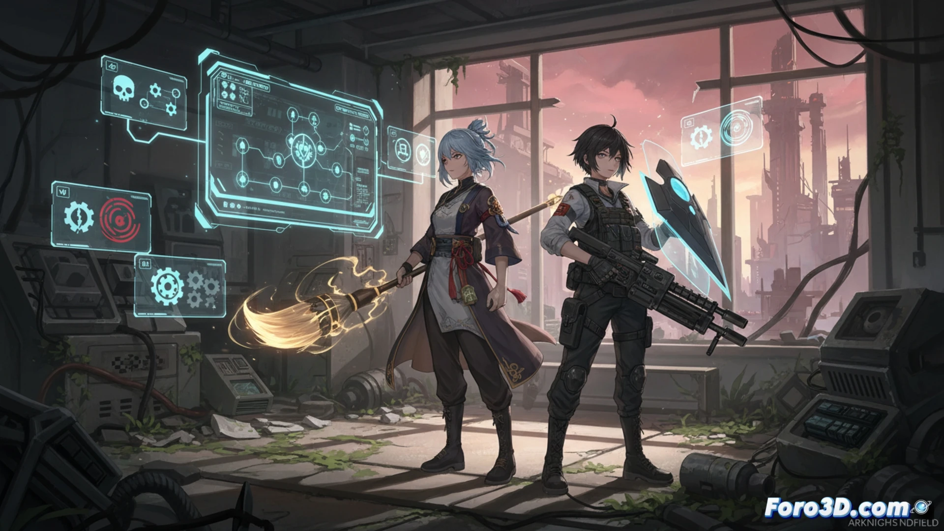 Arknights Endfield tactical deployment scene, Mi Fu performing a rapid four-hit combo with a glowing physical blade mid-air, motion trails showing consecutive attack arcs, Camille in the background radiating heat waves while activating a skill rotation buff, Contingency Contract interface hologram floating nearby displaying adjustable positive and negative modifiers, combat zone with fractured metallic terrain and energy particles, cinematic engineering visualization, dynamic battlefield lighting, photorealistic technical render, high-speed action frozen in time, glowing orange and blue energy contrasts, ultra-detailed character armor and weapon textures