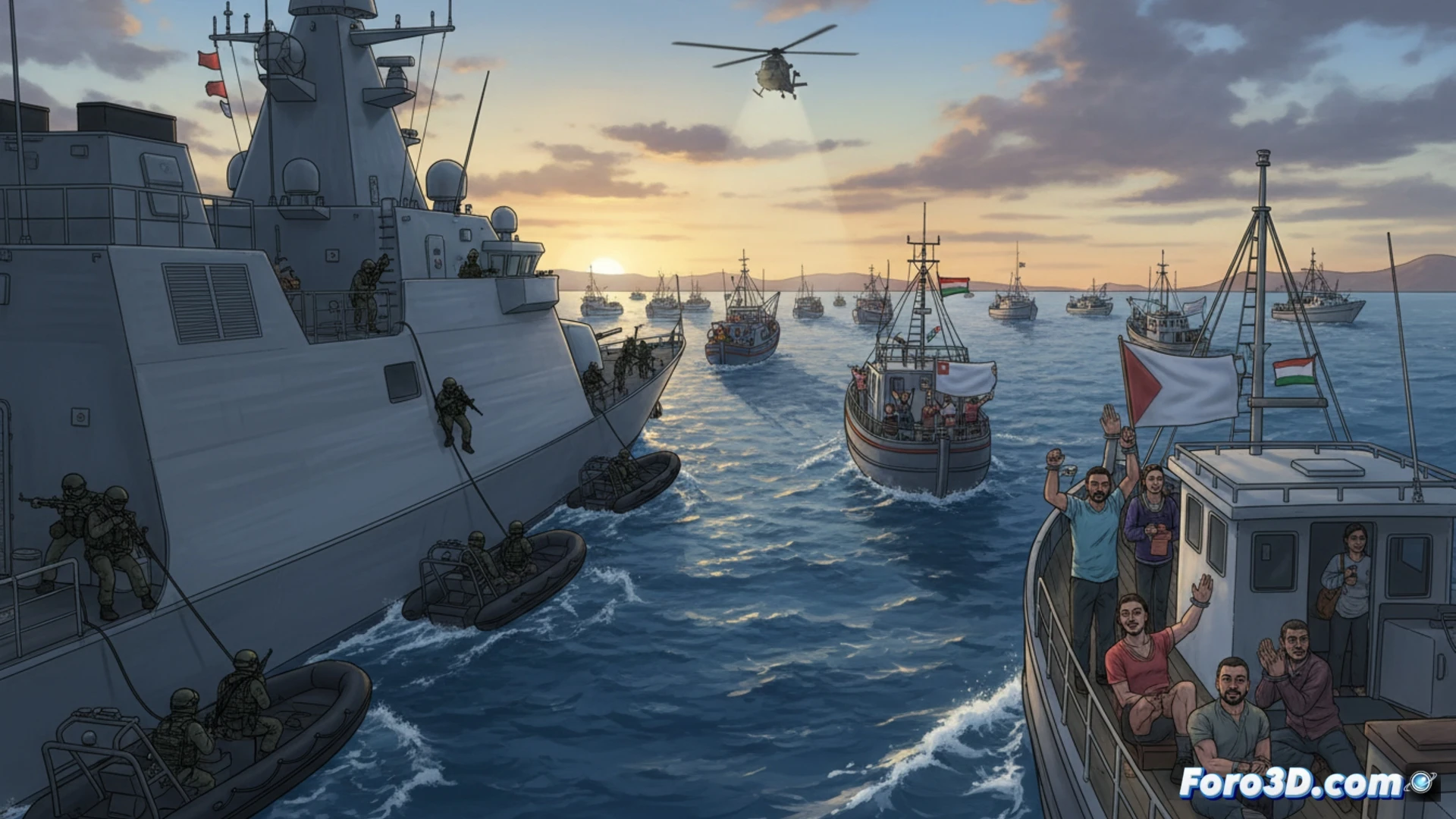 Israeli Navy patrol boat approaching a civilian flotilla of small wooden vessels in open sea near Cyprus, soldiers boarding a boat with blue and white tarpaulin, activists raising hands in surrender, Mediterranean waves splashing against hulls, radio antennas and radar equipment visible on navy ship, morning overcast sky, cinematic photorealistic aerial view, military operation tension, technical maritime interception scene, realistic ocean textures and metal reflections, wide angle capturing multiple boats and naval vessel