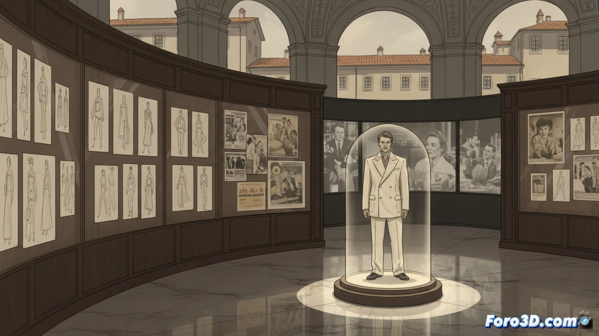 Giorgio Armani sketching a film costume at a wooden drafting table, charcoal pencil mid-stroke across translucent vellum, vintage movie posters for American Gigolo and Annie Hall pinned on corkboard behind him, a mannequin wearing Richard Gere’s iconic tailored jacket beside the table, scattered press clippings and fabric swatches under warm studio light, cinematic photorealistic style, dramatic shadows highlighting the creative process, ultra-detailed textile textures and paper grain, museum-quality exhibition atmosphere