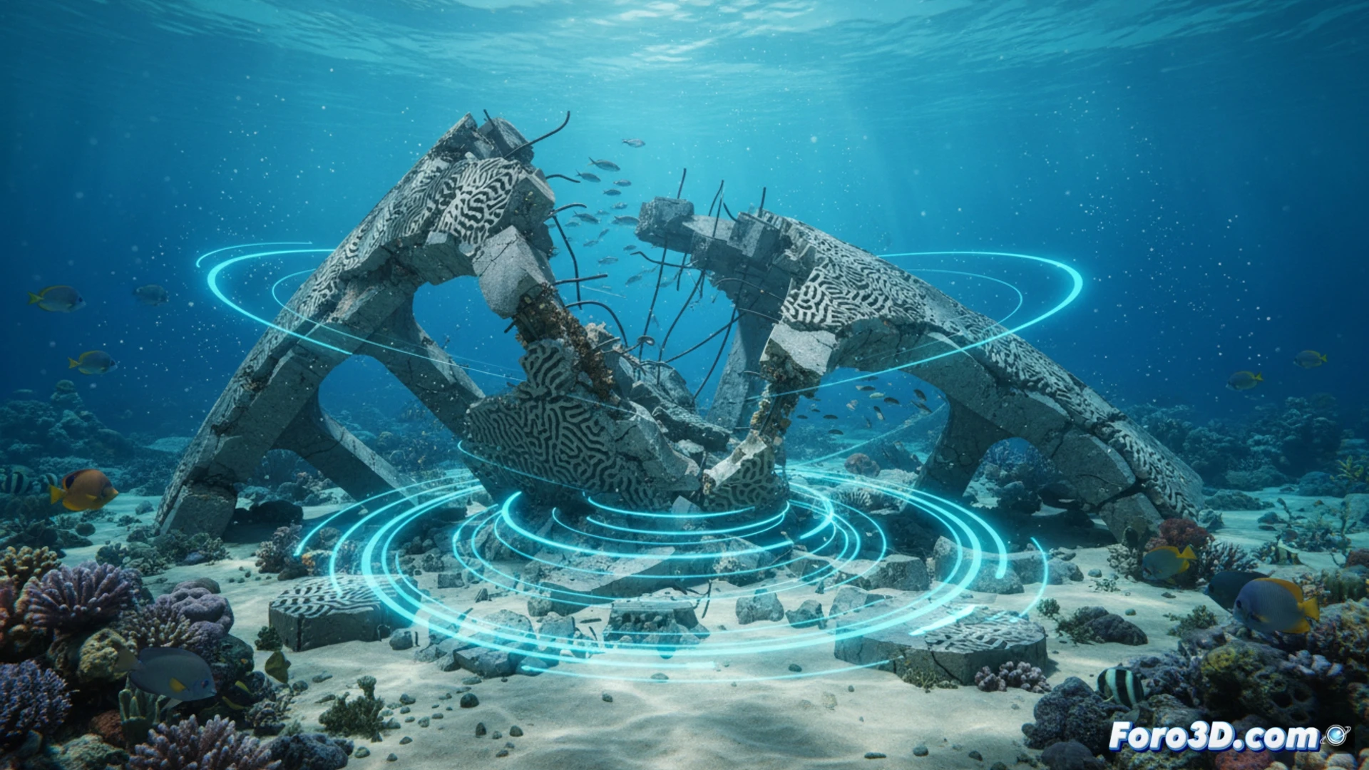 Arrecife artificial 3D colapsado por fatiga hidrodinámica, análisis CFD y sonar BlueView de erosión por vórtices