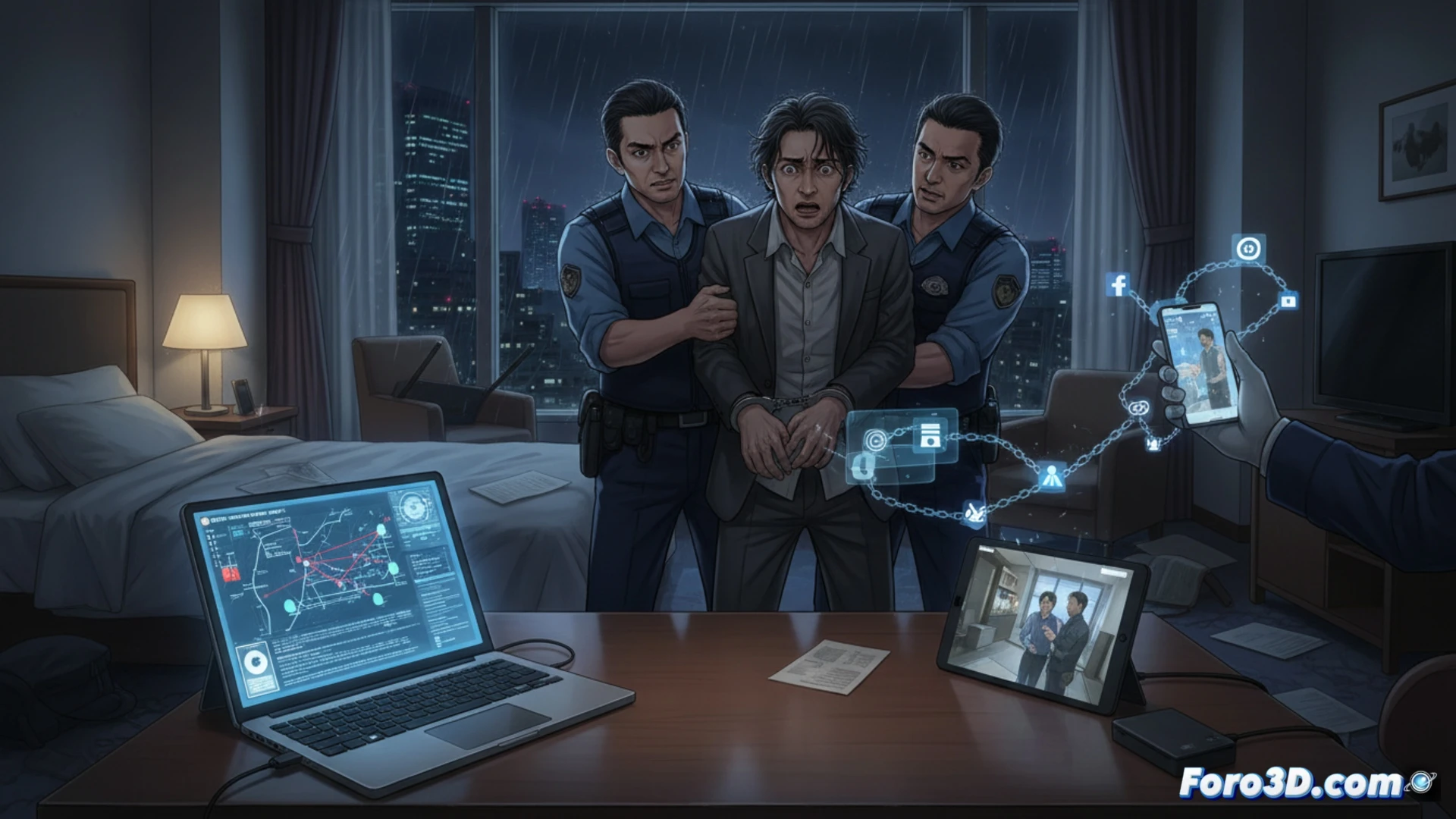 Policías japoneses esposan a Mori frente a un hotel en Osaka, con pantallas digitales de vigilancia al fondo.
