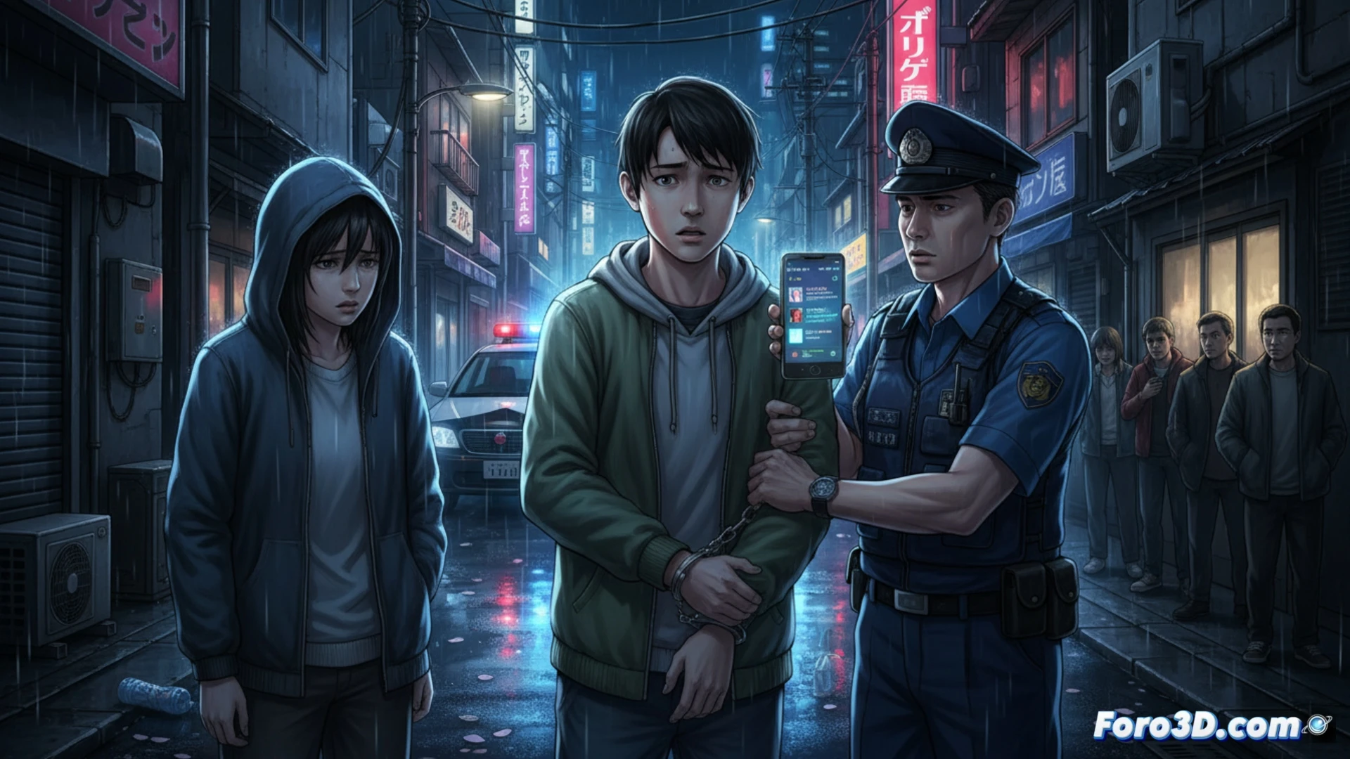 cinematic scene of a dark bedroom at night, a teenage boy holding a smartphone with a glowing chat app interface, another younger boy visible through the screen reflection, both wearing hoodies, the older boy’s finger tapping a send button while a shadowy figure of a third person lurks behind a half-open door, phone screen displaying a chat bubble with a knife and money emoji, messy desk with headphones and a laptop, blue and red neon light casting tension, photorealistic technical illustration, high contrast shadows, surveillance camera perspective