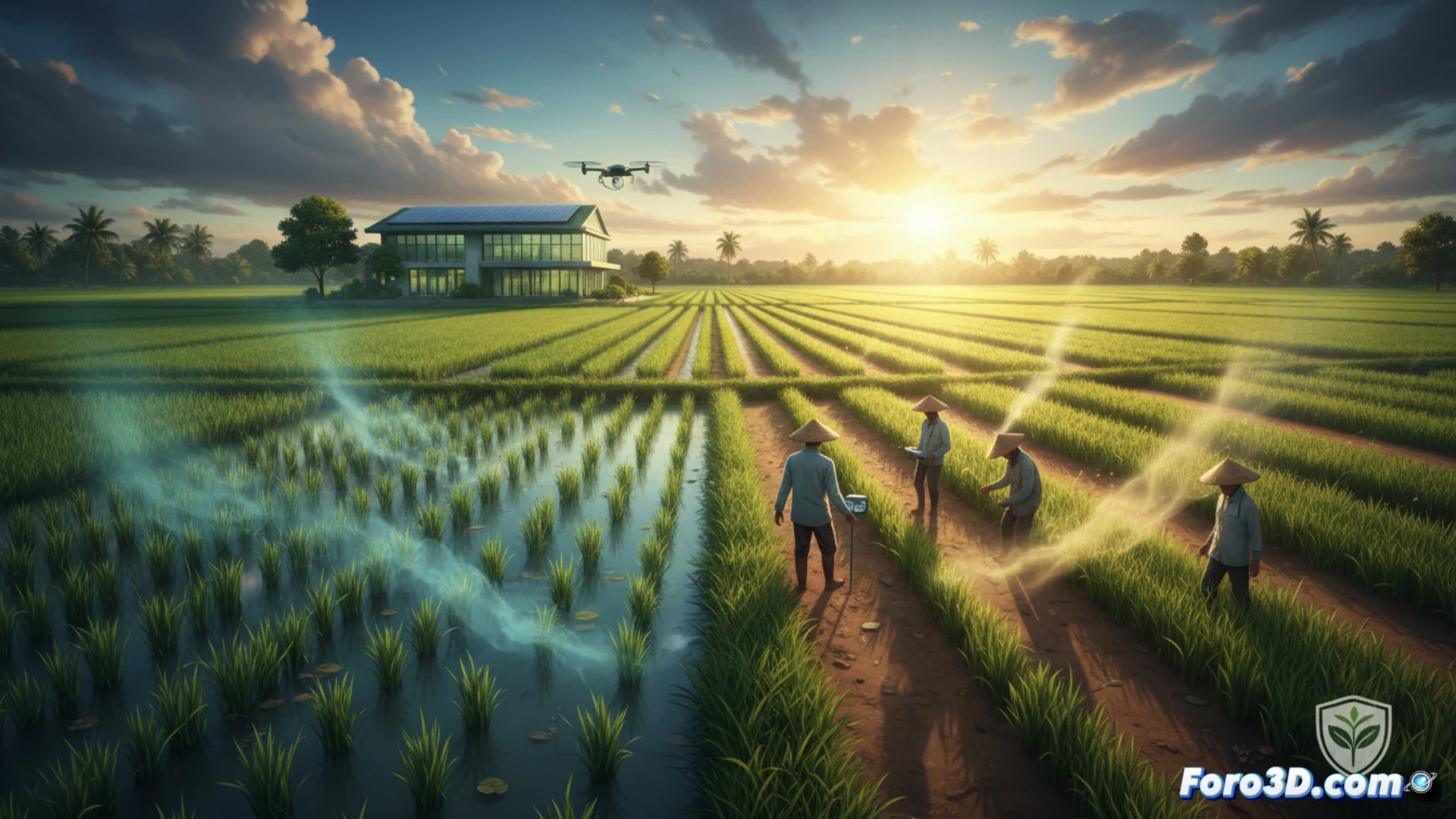 Rice terraces in Java, Indonesia, farmers using handheld soil gas samplers and portable methane analyzers, demonstrating the process of measuring greenhouse gas emissions from flooded paddy fields, water management system with alternate wetting and drying technique visibly reducing bubbles, lush green rice plants contrasted with dry soil patches, technical agricultural engineering visualization, bright tropical sunlight, realistic field equipment, detailed crop and irrigation infrastructure, photorealistic environmental science illustration, cinematic depth of field, action of data collection in progress