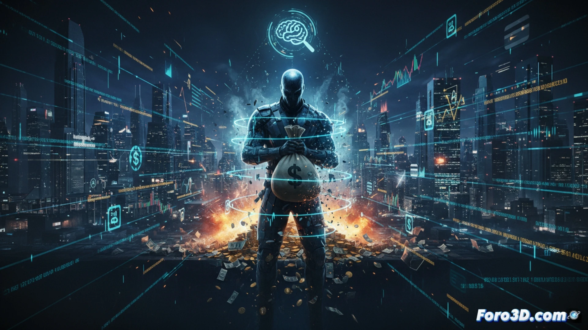 Cinematic visualization of narco money flow being disrupted, digital financial network map with red transaction nodes freezing and crumbling, glowing blockchain chains snapping apart, bank servers and cryptocurrency wallets shown as hollow shells, forensic accountants in dark suits analyzing data streams on holographic screens, while a massive piggy bank labeled narco cracks and spills dust, photorealistic technical illustration, dark blue and crimson lighting, high-contrast shadows, ultra-detailed circuit board textures, dramatic beam of light piercing through collapsing financial infrastructure, motion blur on crumbling currency symbols