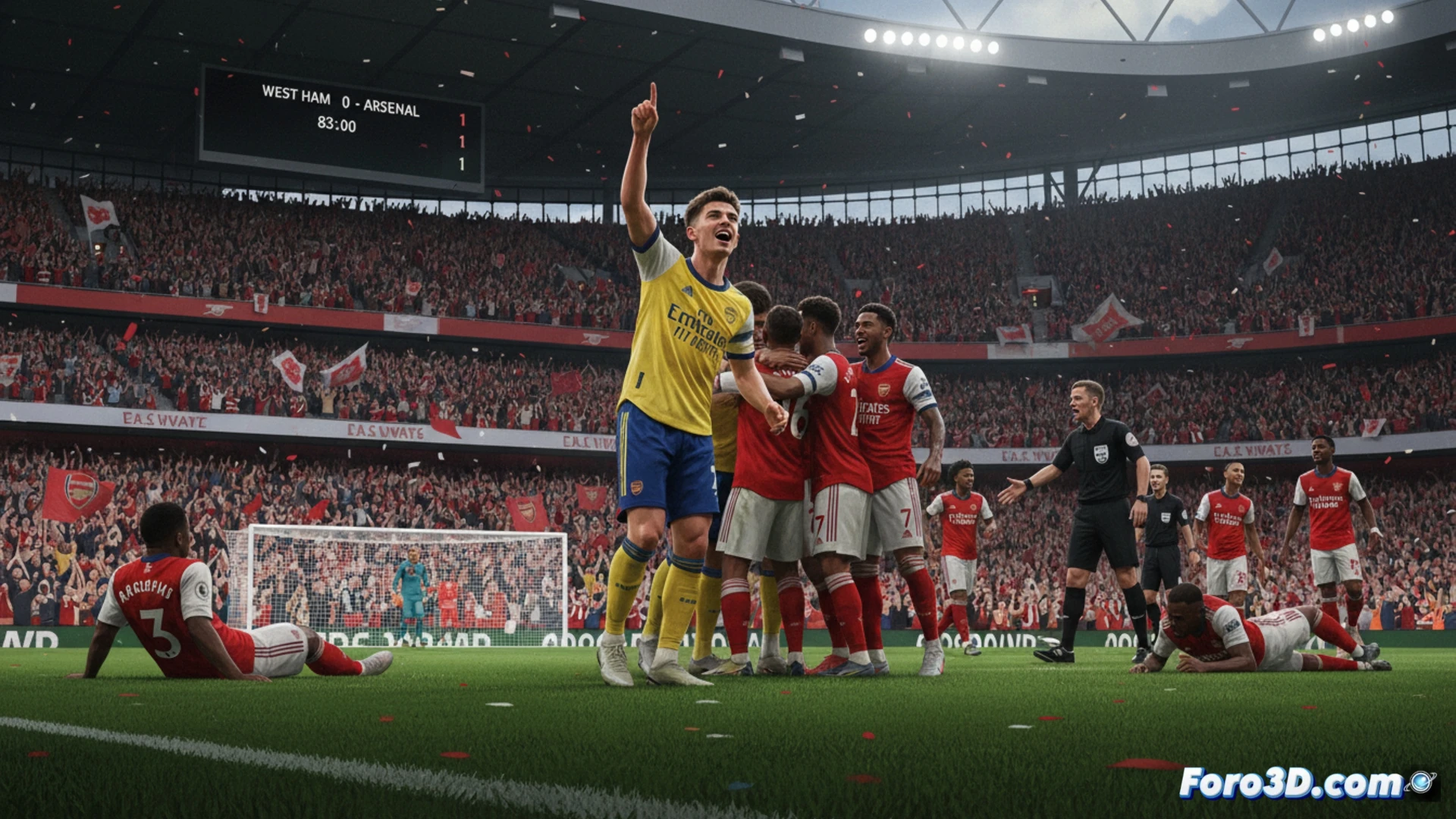 Jugadores del Arsenal celebran el gol de Trossard ante el West Ham, con aficionados eufóricos al fondo.