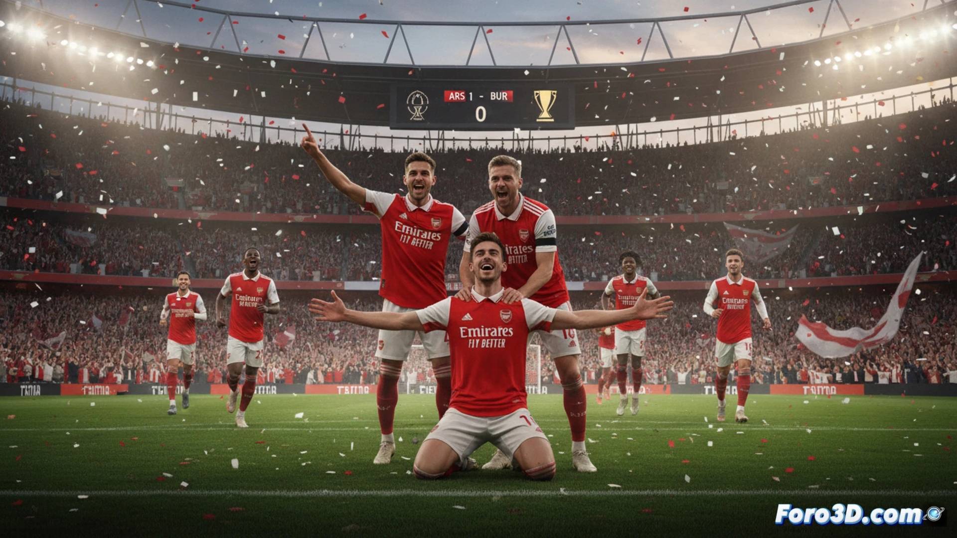 Arsenal midfielder Kai Havertz jumping to head a football during a corner kick, ball connecting with his forehead while Burnley defenders scramble, Emirates Stadium crowd blurred in background, technical football action shot, motion capture style, dynamic pose with elevated knee and extended arms, green pitch texture visible, dramatic stadium floodlights casting shadows, photorealistic sports photography, frozen mid-air moment, high contrast lighting, detailed jersey fabric folds, ultra-sharp focus on ball impact point