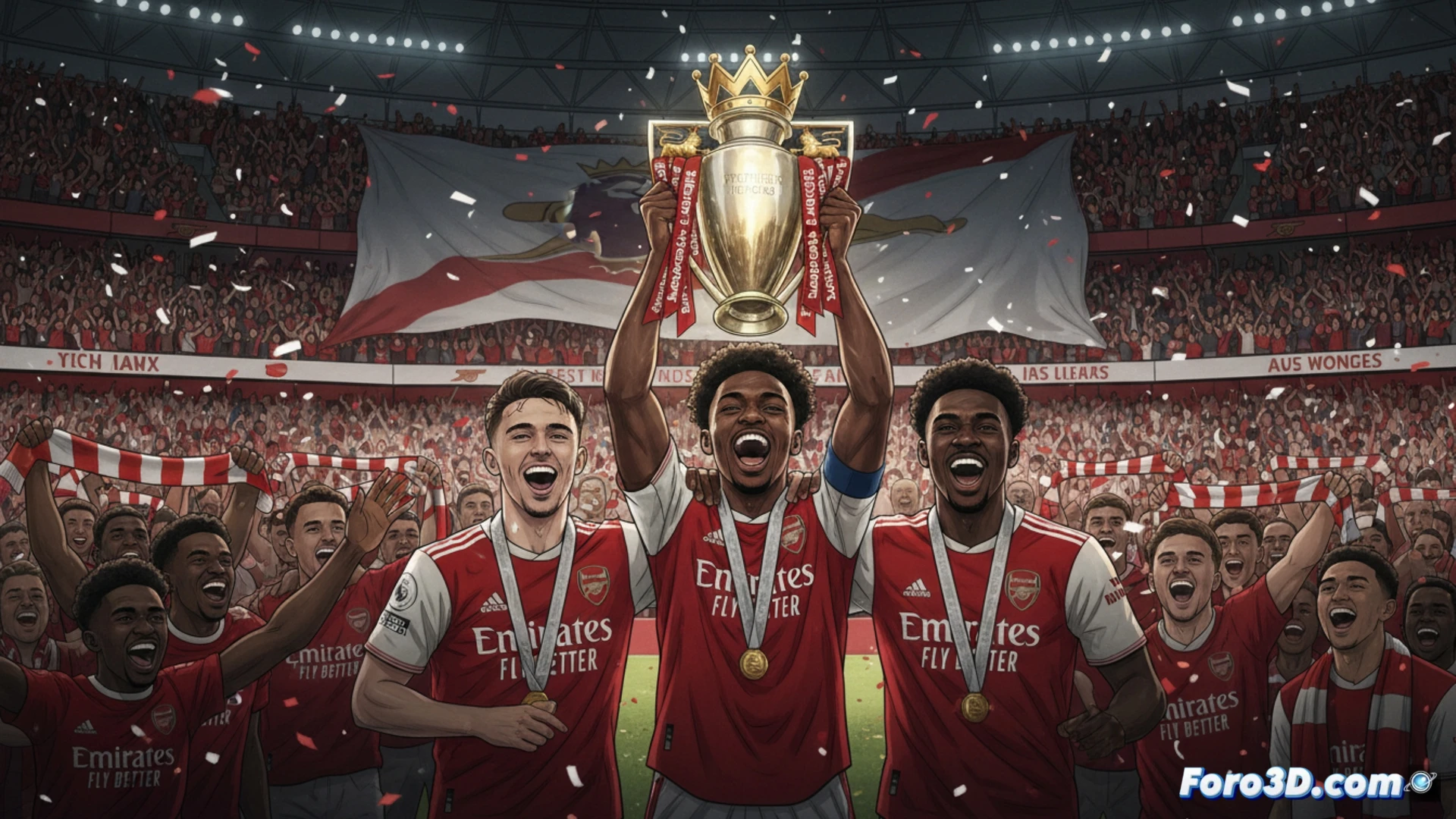 Emirates Stadium exterior at dawn, Arsenal players Eberechi Eze, Declan Rice, Bukayo Saka, and Jurrien Timber celebrating on the pitch, Saka and Timber holding a glowing Premier League trophy that illuminates as they lift it, confetti falling around them, floodlights reflecting off the metallic trophy surface, cinematic engineering visualization, photorealistic stadium architecture, dramatic blue and red lighting, motion blur on celebrating fans in the stands, ultra-detailed player jerseys and trophy engravings, high-contrast cinematic render