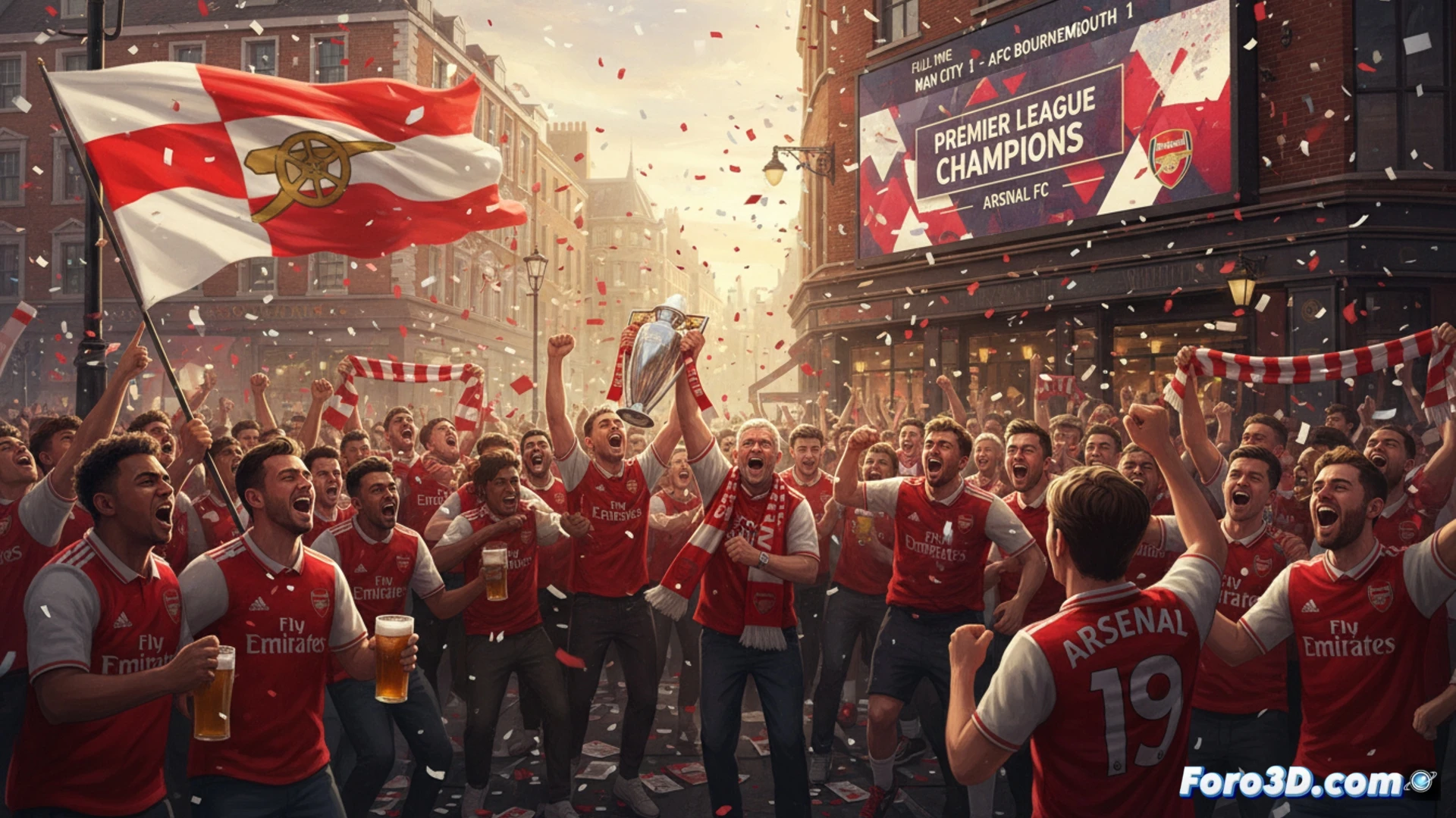 Arsenal fans flooding the Emirates Stadium pitch, red and white confetti exploding in the air, a digital Premier League trophy hologram hovering above the centre circle, mobile phones raised capturing the celebration, stadium floodlights illuminating the scene, cinematic sports photography style, dramatic shadows and highlights, ultra-detailed crowd faces with ecstatic expressions, motion blur on confetti particles, photorealistic stadium architecture, deep red colour palette, wide-angle lens effect