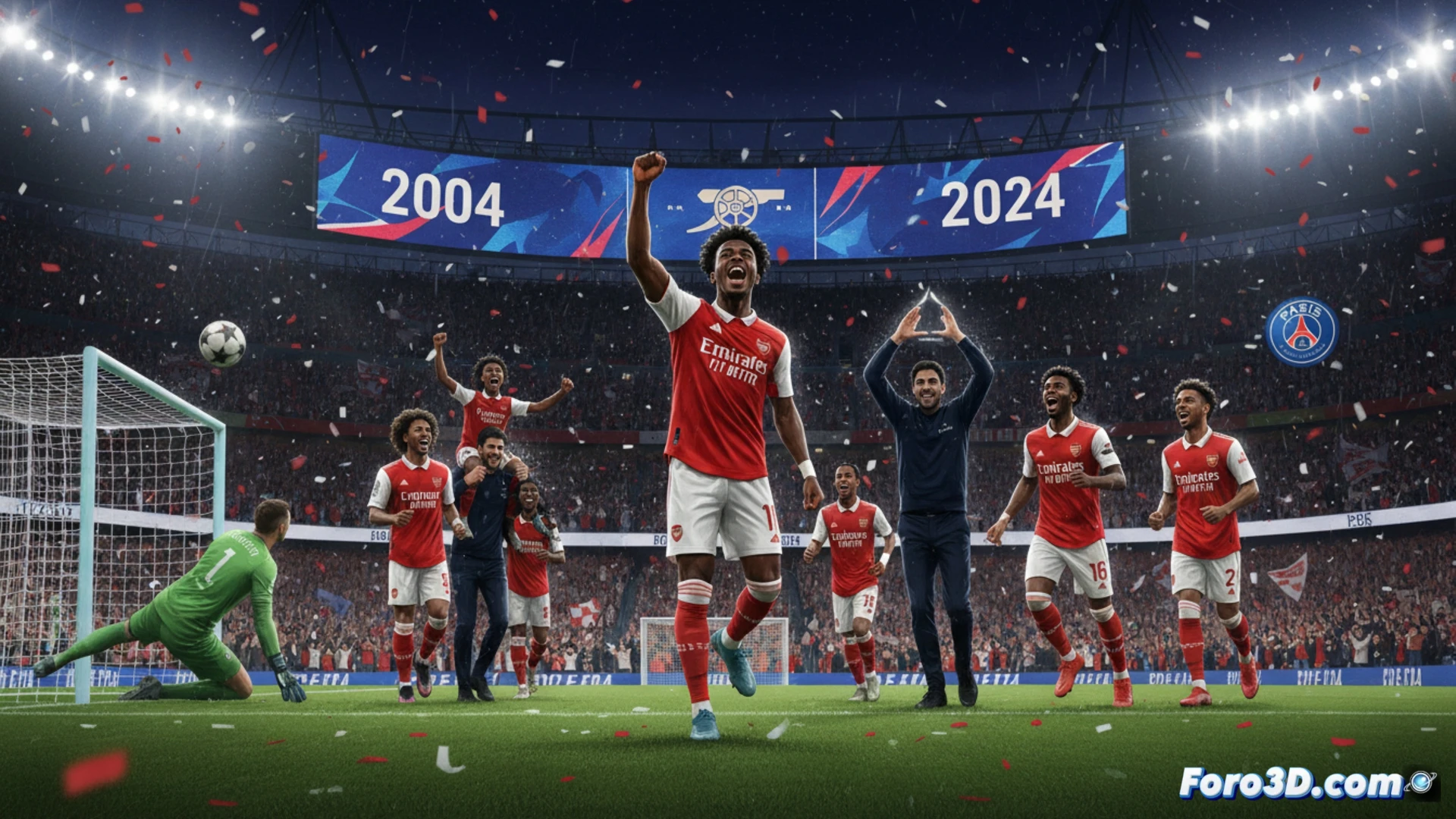 Jugadores del Arsenal celebran con Saka al fondo, abrazados bajo fuegos artificiales rojos y blancos.
