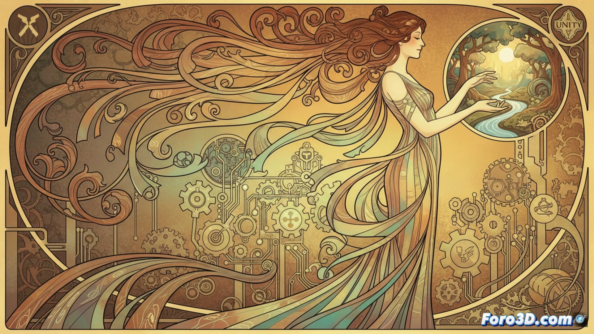 Ilustración Art Nouveau animada en motor Unity con sombreadores no fotorrealistas y geometría ornamental.