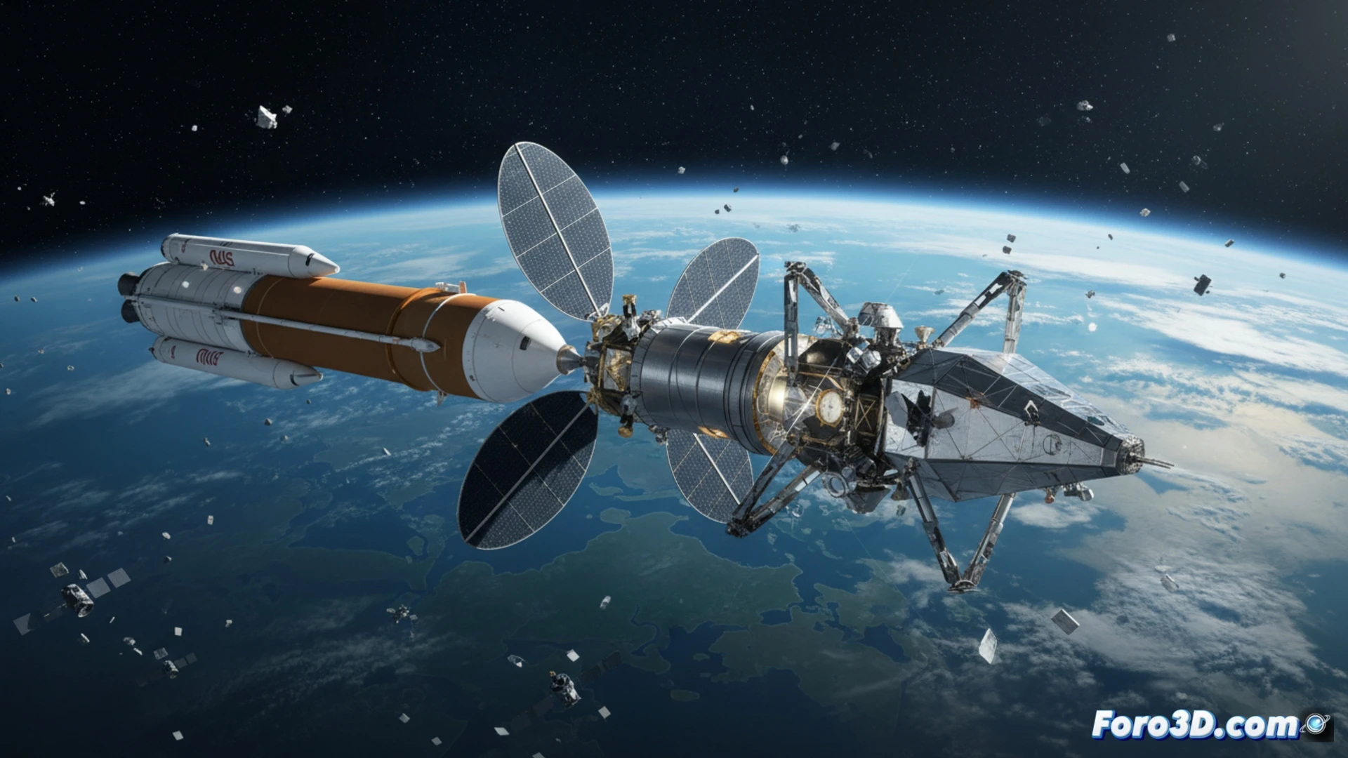 SLS rocket upper stage and Orion capsule docked with SpaceX Starship HLS in low Earth orbit, engineers in suits monitoring holographic displays showing orbital trajectory paths and docking sequences, Blue Origin lunar lander module attached to a testing arm, solar panels deployed, Earth curvature visible through station windows, action of orbital systems integration testing, cinematic technical illustration style, metallic reflections, blue orbital glow, ultra-detailed spacecraft components, realistic NASA engineering visualization