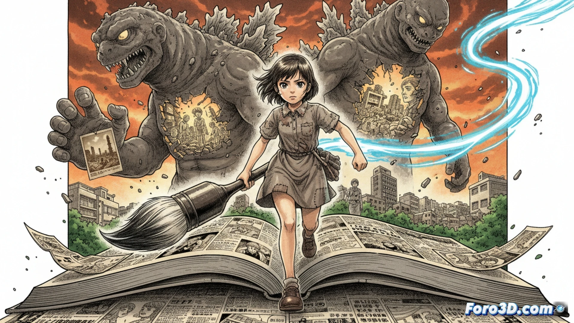 Viñeta de Asadora! con monstruo marino y ciudad japonesa al fondo, estilo Urasawa