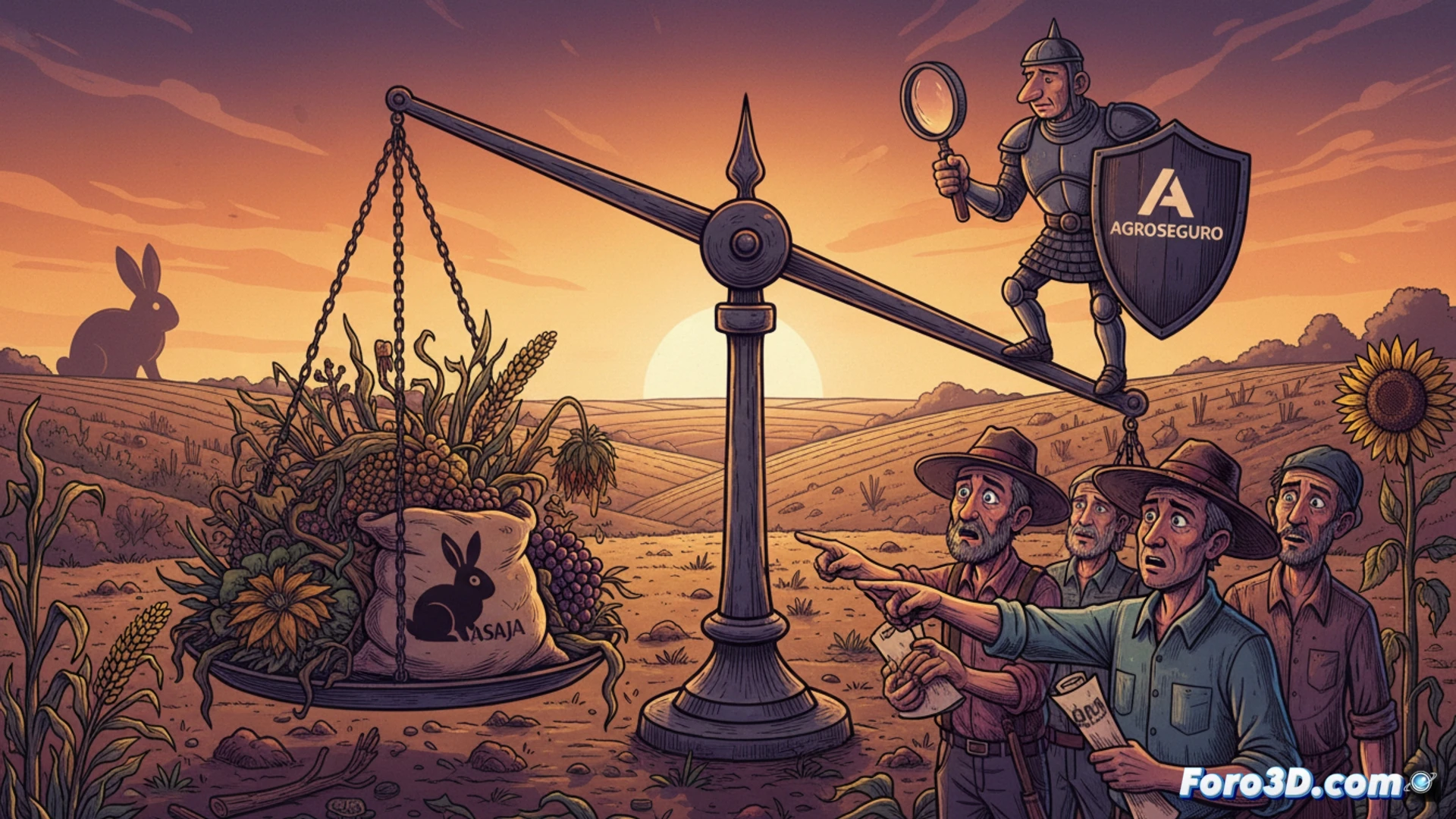 agricultural insurance fraud investigation scene, two farmers pointing at damaged cereal crops while holding a tablet showing a comparison between real field damage and undervalued insurance assessment, rabbit burrows visible in the field margin, technical audit tools like a rangefinder and soil moisture sensor on the ground, photorealistic documentary style, midday harsh sunlight casting long shadows, dry cracked earth around crop roots, scattered rabbit droppings and gnawed stems, one farmer gesturing angrily at the tablet screen, the other kneeling to measure plant height with a ruler, Agroseguro logo blurred on a document in the background, cinematic depth of field, ultra-detailed crop destruction