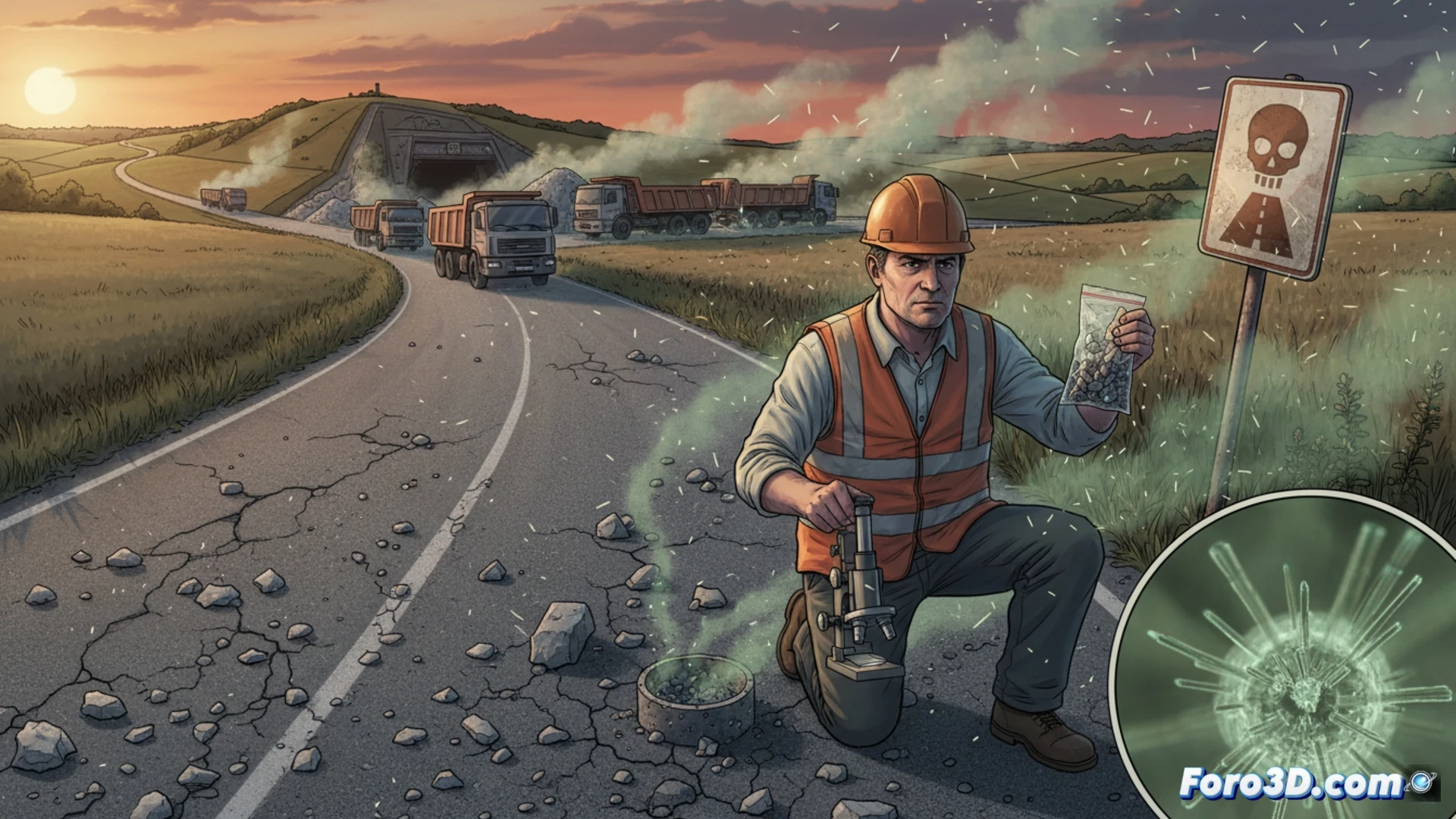 aerial view of a cracked asphalt road in western Hungary, heavy truck dumping crushed stone from an Austrian mine, grey fibrous dust clouds rising and spreading across the road surface, geologist in safety vest and mask using a handheld XRF spectrometer to measure asbestos fibers, nearby sampling bags and GPS device on the ground, photorealistic technical illustration, cinematic overcast daylight, high contrast shadows, detailed rock texture, airborne particle haze, industrial safety equipment visible, wide-angle lens perspective
