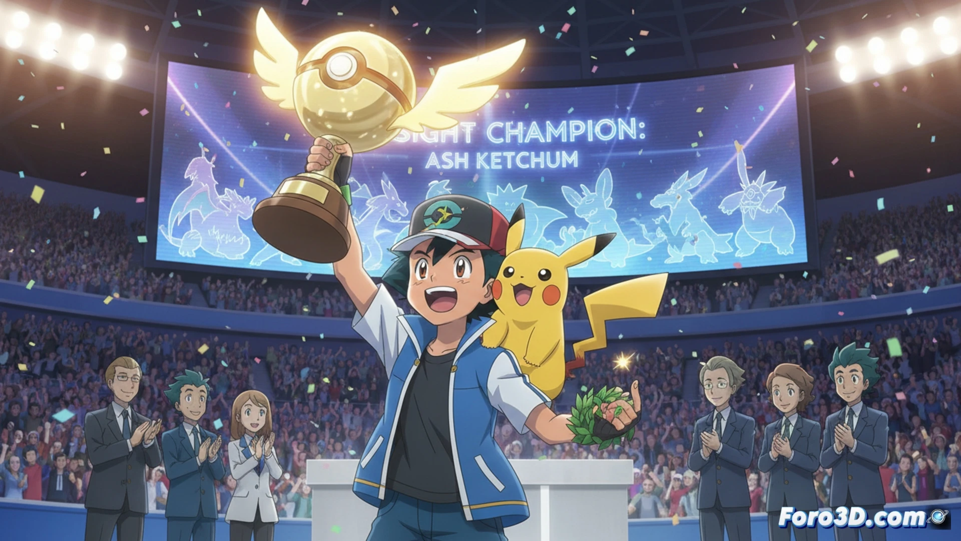 Ash Ketchum alza la Copa Masters Eight, mientras sombras de Steven, Cynthia y Lance lo observan.