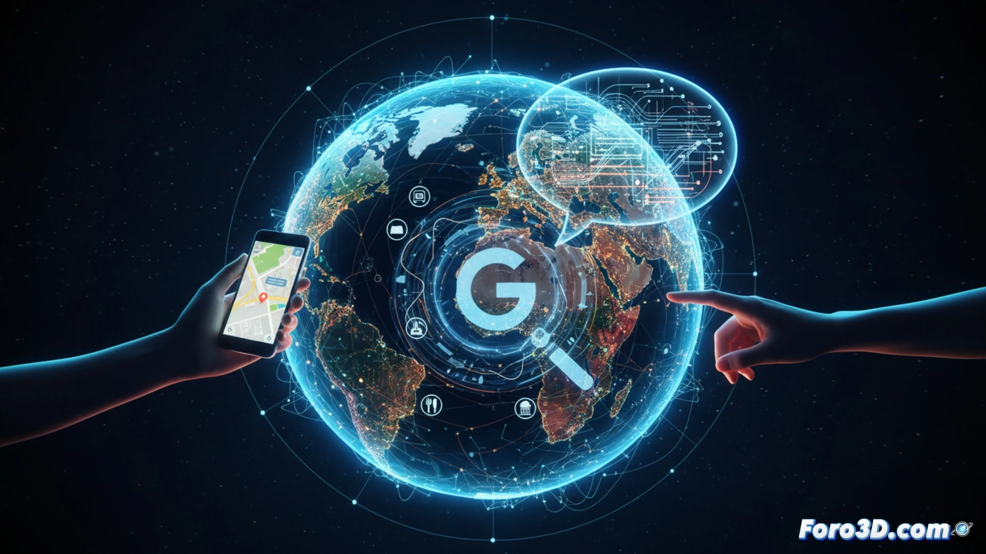 smartphone held by a hand displaying Google Maps interface with a glowing speech bubble icon, user typing a natural language query into a search bar, map showing restaurant pins with terrace symbols and star ratings, data streams flowing from 300 million location markers into a central processing hub, conversational response appearing as a floating card with opening hours and review highlights, cinematic technical illustration style, soft blue and green digital lighting, holographic data visualization lines connecting map points, realistic glass screen reflections, photorealistic mobile UI render, dramatic depth of field