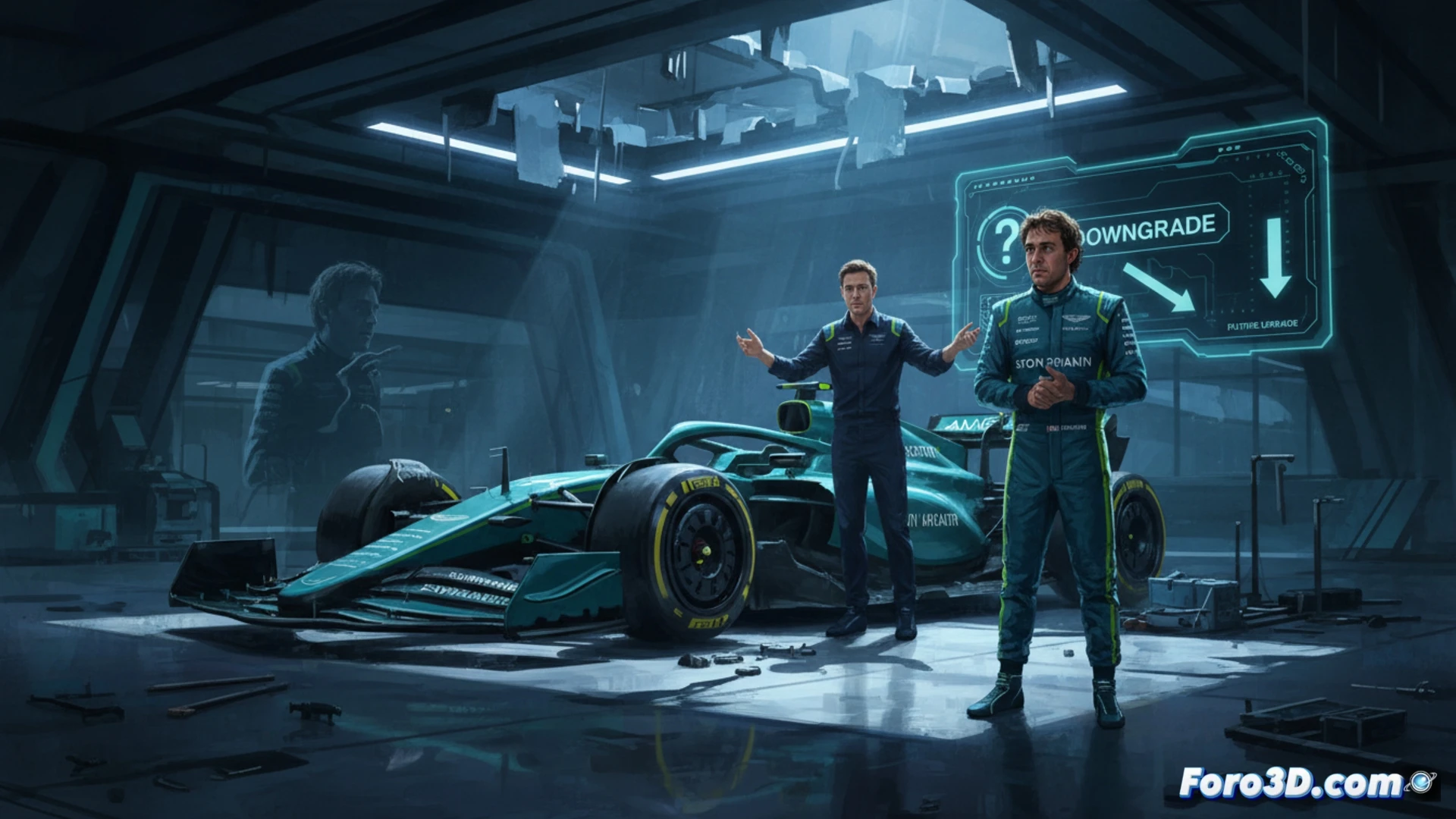 Un mecánico de Aston Martin retira piezas pequeñas del monoplaza verde, mientras Fernando Alonso, con expresión seria, cruza los brazos en el garaje.