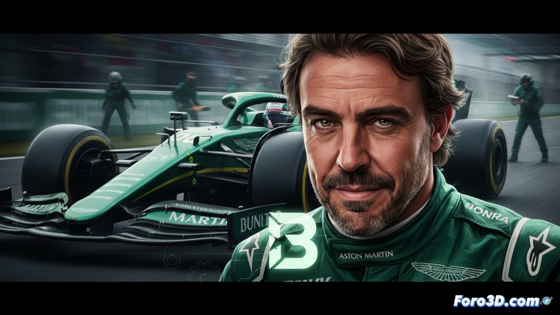 Fernando Alonso mira fijo al frente, con gesto serio y ojos escépticos. Al fondo, un AMR26 en boxes, sin alerón nuevo.