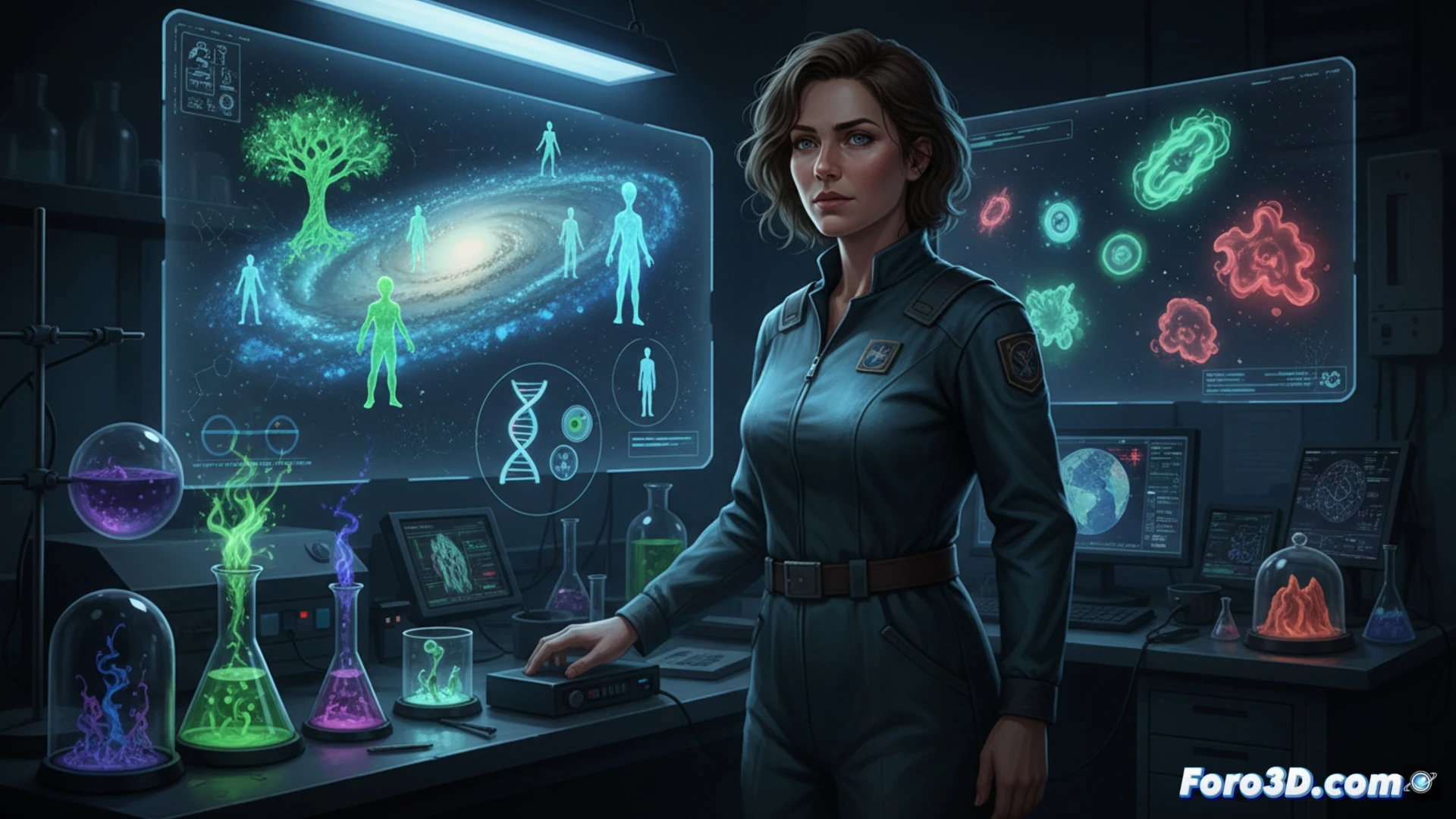 Photorealistic cinematic scene of a futuristic astrobiology laboratory, human scientist in white hazmat suit analyzing a translucent alien-like specimen in a sterile glass chamber, holographic display showing DNA helix morphing into unknown molecular structures, robotic arms with precision instruments sampling glowing organic matter, microscope projecting cellular structures onto a dark screen, subtle red warning indicators on control panels, dramatic blue and amber lighting, ultra-detailed technical equipment, metallic and glass surfaces, high-contrast shadows, scientific visualization style