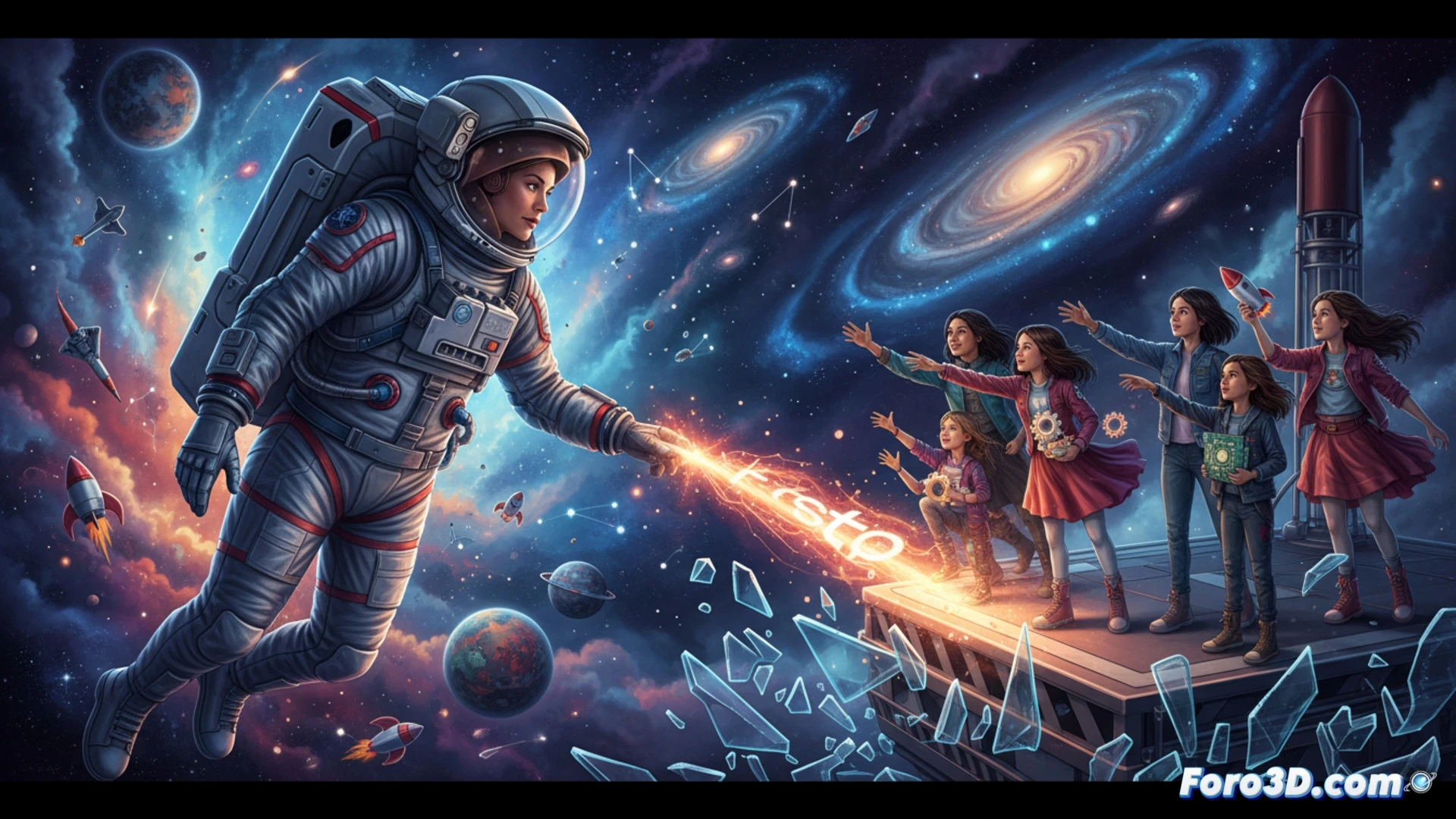 young woman astronaut in blue flight suit pointing toward a glowing holographic rocket launch pad, one foot stepping forward off a metallic platform, hands reaching for a tablet with circuit board schematics, laboratory background with oscilloscopes and 3D printers, dynamic pose showing decisive action, cinematic engineering visualization, bright white and blue LED lighting, photorealistic technical render, precise gesture of taking the first step