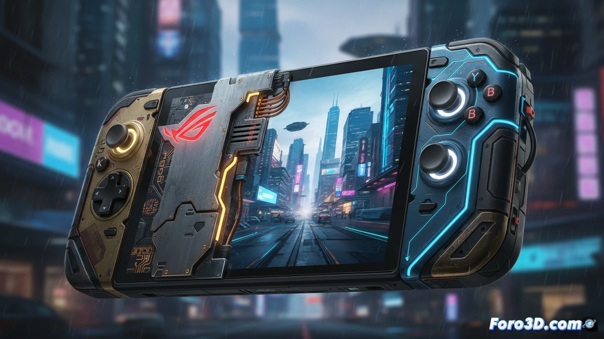 Cyberpunk 2077 themed ASUS ROG Ally X handheld console being modified by a technician in a neon-lit workshop, glowing yellow and blue industrial cables connecting to an open casing, cybernetic implant-style panels being installed with precision tools, holographic schematics floating above the device showing internal hardware upgrades, cinematic engineering visualization, gritty Night City aesthetic, metallic scratches and oil stains on the workbench, dramatic backlighting from LED strips, photorealistic technical illustration, focused action during the modding process