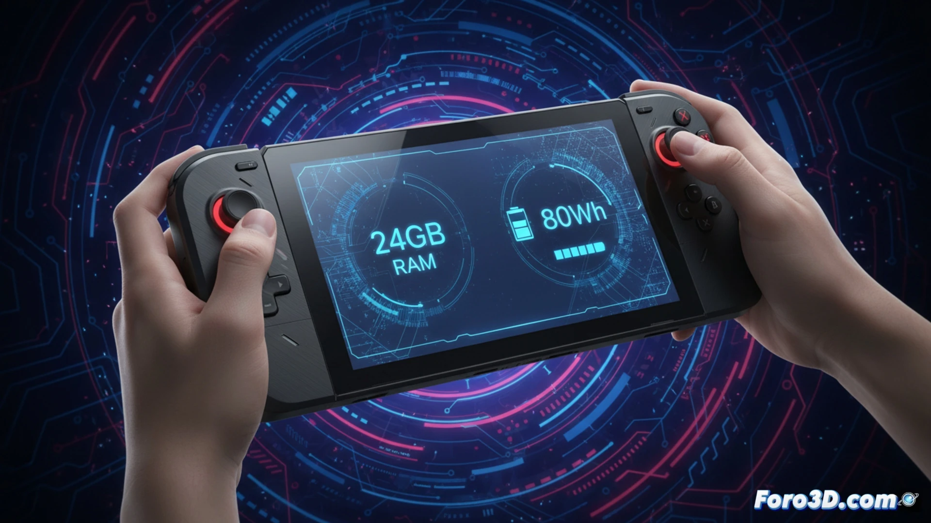 ASUS ROG Ally X handheld gaming console opened on a workbench, technician installing a high-capacity 80Wh battery pack beside a 24GB LPDDR5X RAM module, motherboard exposed with copper heat pipes and cooling fan visible, digital performance overlay showing real-time power draw and battery percentage increasing, hands connecting ribbon cables during the upgrade process, cinematic engineering visualization, metallic grey chassis with RGB lighting reflecting on tools, photorealistic technical render, dramatic workshop lighting with blue and orange accents, ultra-detailed circuit traces and solder points