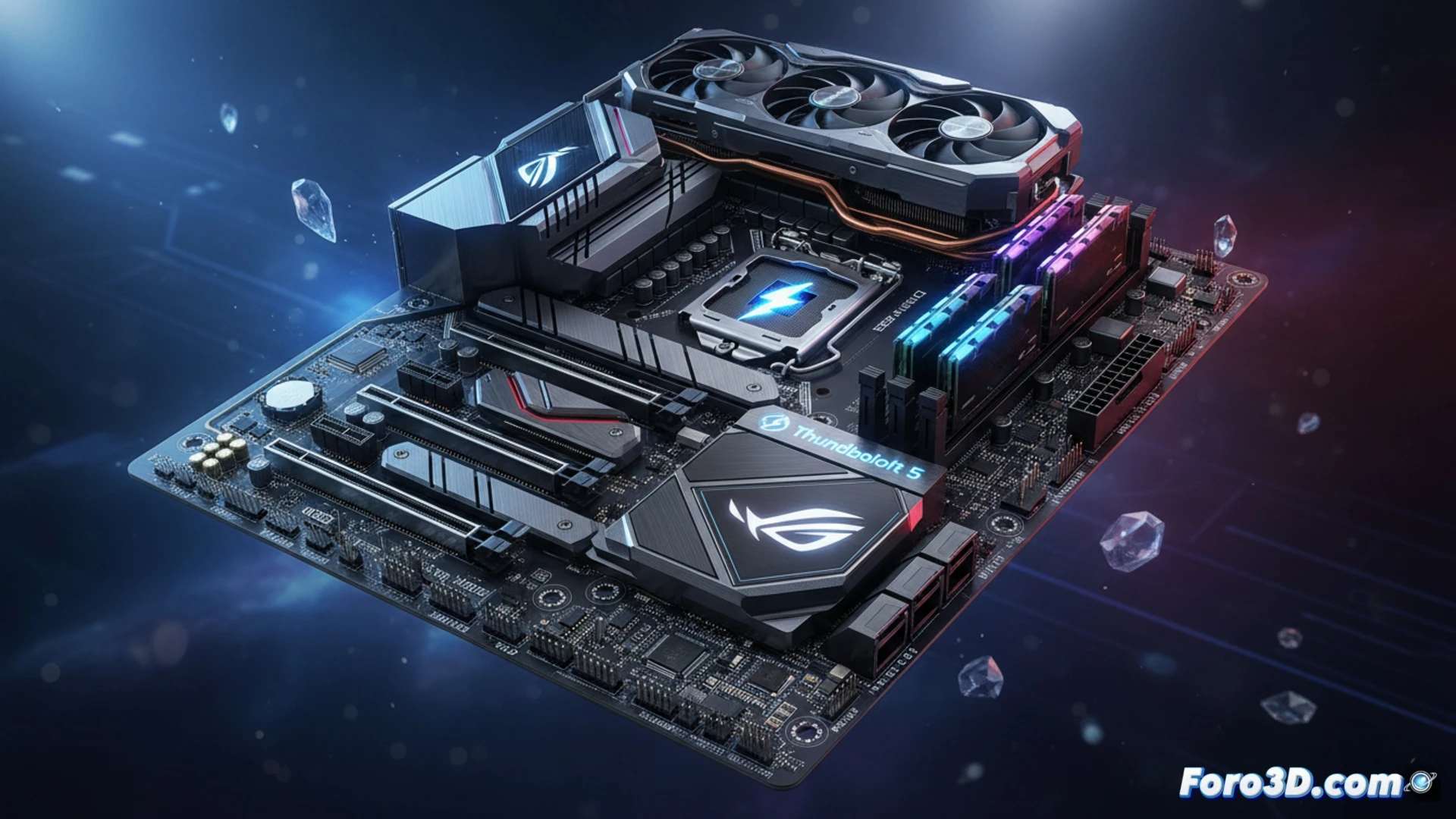 high-end motherboard with active liquid cooling flowing through VRM heatsinks, multiple PCIe 5.0 slots and Thunderbolt 5 ports glowing blue, processor socket with a Core Ultra chip being inserted by a robotic arm, storage modules and GPU brackets nearby, cinematic engineering visualization, metallic black and silver surfaces, intense blue circuit traces, dust particles suspended in light beams, reflective capacitors and chokes, photorealistic technical illustration, macro lens depth of field