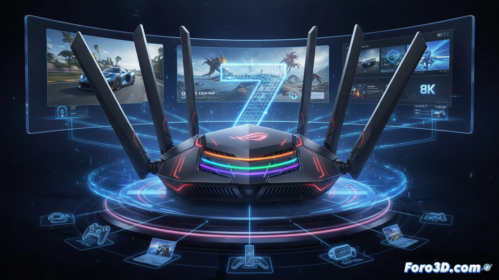 ROG Rapture GT-BE98 router emitting four distinct Wi-Fi 7 frequency beams, each beam labeled with glowing latency reduction lines cutting through a gaming room, while a 8K stream renders smoothly on a distant screen, multiple gaming consoles and PCs connected simultaneously, router antennas angled aggressively, internal PCB visible through transparent panels showing quad-band chipset, photorealistic technical illustration, dark ambient lighting with RGB accents, motion trails of data packets flowing to each device, engineering visualization, ultra-detailed heatsink and ethernet ports