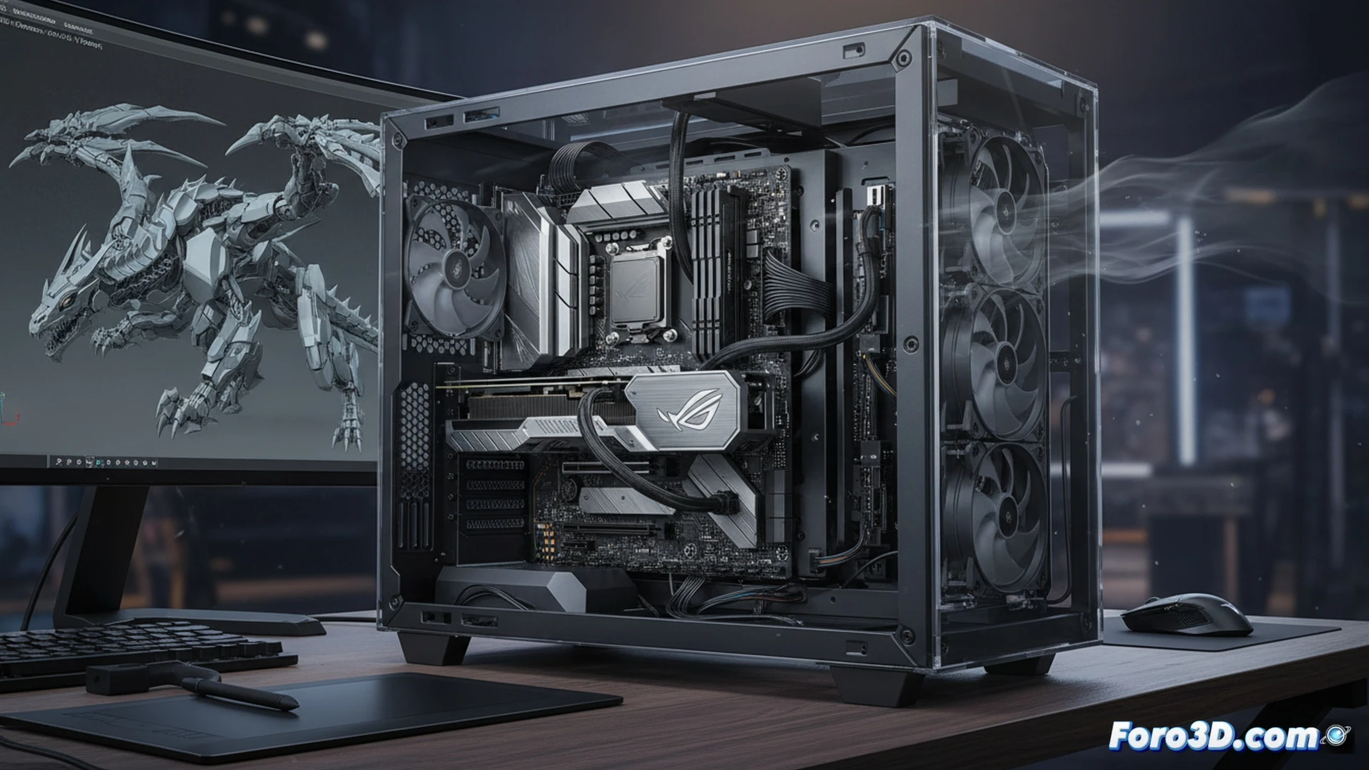 Placa base ASUS ROG Maximus Z790 Hero BTF con conectores traseros y GPU sin cables para render 3D