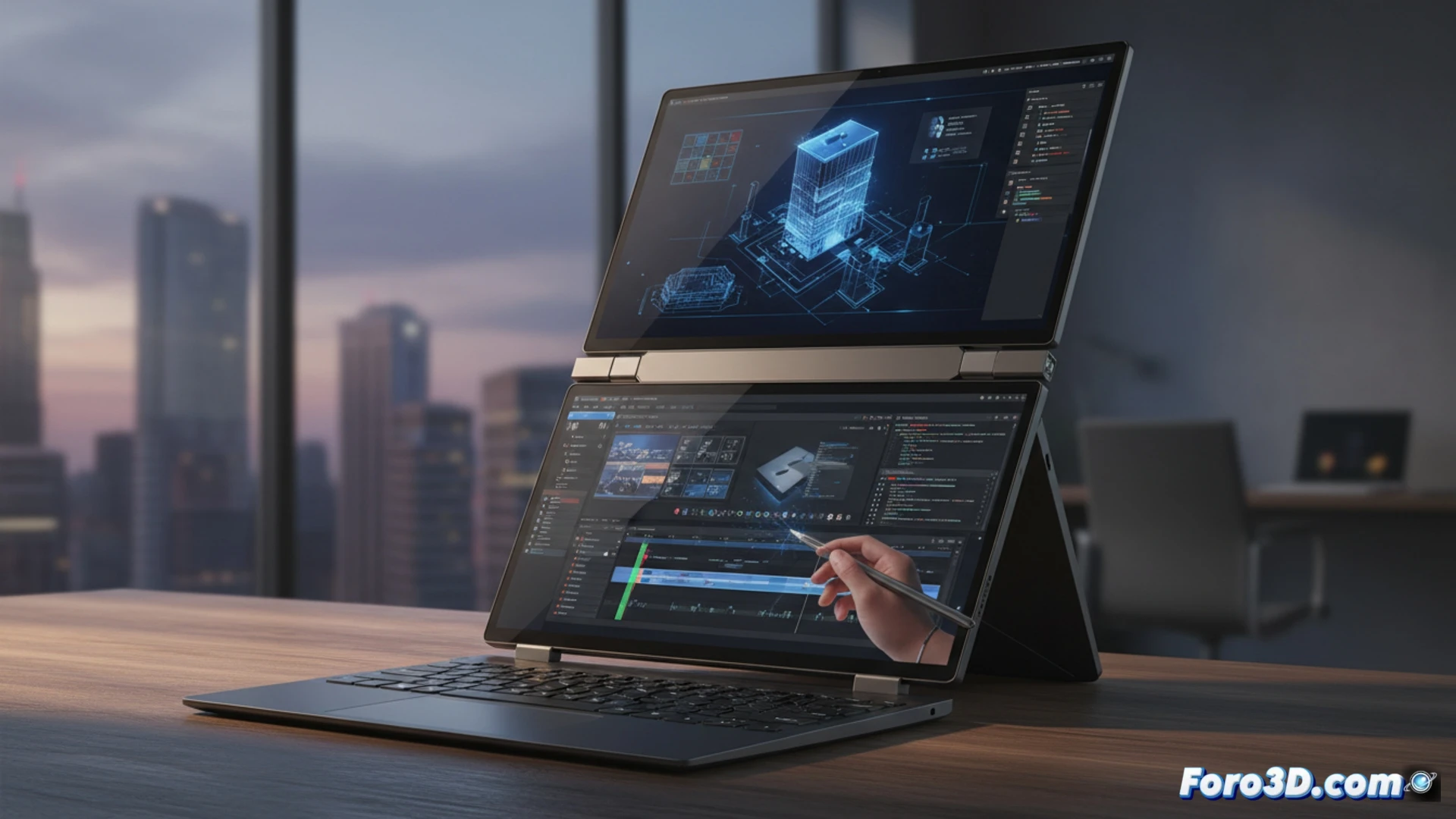 business professional using dual OLED screens in a bright modern office, ASUS Zenbook Duo 2024 unfolded flat showing two 14-inch displays side by side, magnetic detachable keyboard floating nearby being attached by hand, split-screen workflow with data charts and code editor visible, cinematic engineering visualization, premium brushed aluminum finish, soft natural window light, subtle screen reflections, ultra-thin profile, photorealistic technical render, deep blacks and vibrant colors on OLED panels, ergonomic desk setup, sharp focus on screen hinge mechanism and keyboard detachment process