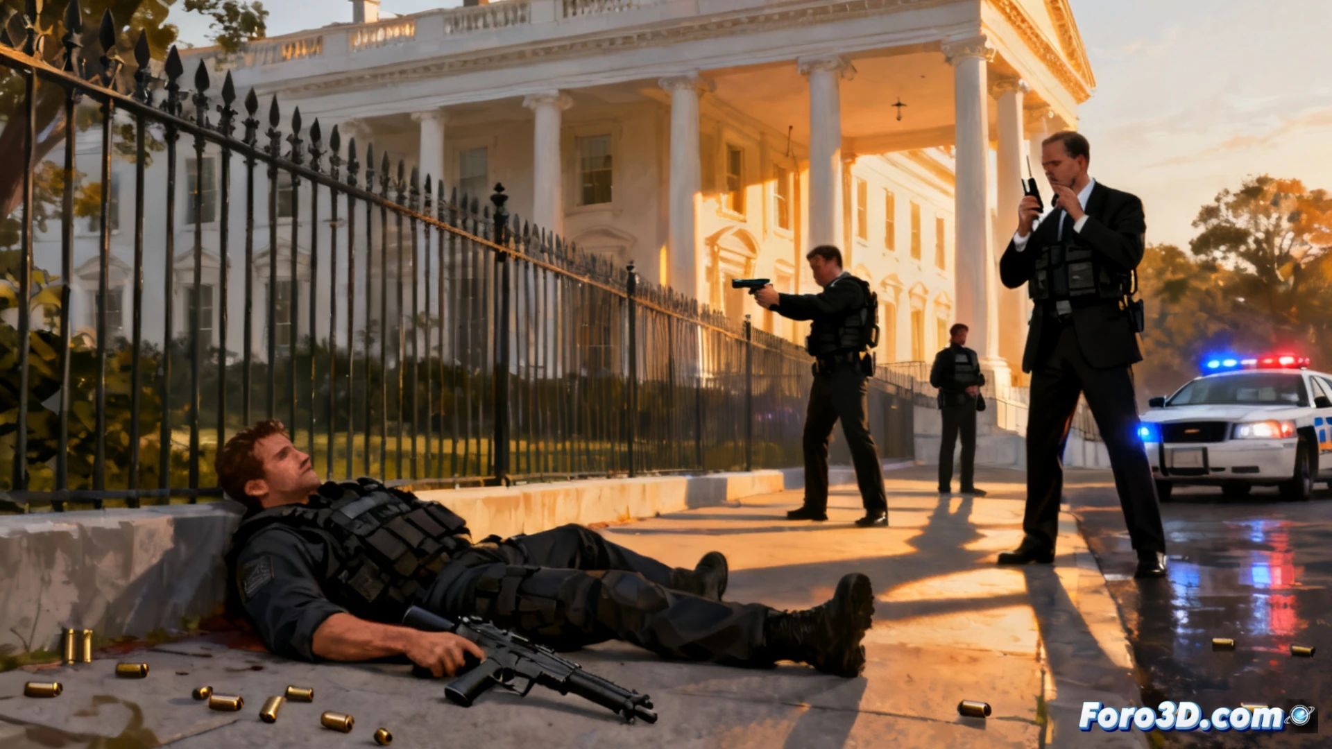 Servicio Secreto intercambiando disparos con un atacante armado cerca de la Casa Blanca, agente en posición de combate tras un vehículo blindado negro, humo de pólvora elevándose del cañón de su pistola, atacante cayendo al suelo en la acera, arma semiautomática soltada de su mano, cámaras de seguridad en postes de luz, luces de patrulla parpadeando en azul y rojo, edificio gubernamental al fondo, estilo cinematográfico fotorrealista, iluminación de atardecer, acción congelada en el momento del impacto, alta definición técnica, ángulo de cámara bajo dramático, detalles de equipo táctico y chaleco antibalas, sin texto ni números visibles.