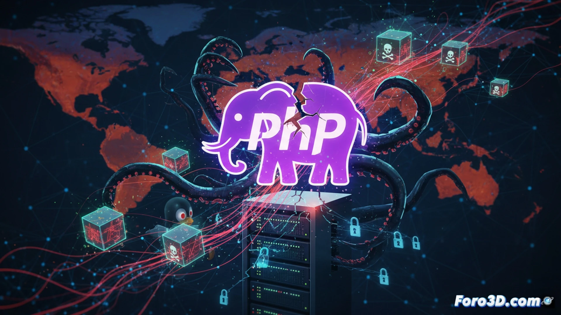 Technical illustration showing a Linux terminal screen with eight compromised PHP package icons, each displaying a red malware injection alert, while a malicious code string flows from a compromised repository into a server rack, a developer workstation in foreground shows dependency scanning tool detecting the threat, glowing red data streams extracting passwords and executing remote commands, dark server room with blue ambient lighting, realistic industrial visualization, cinematic security breach scene, detailed code syntax highlighting, network cables pulsing with malicious traffic, photorealistic engineering render