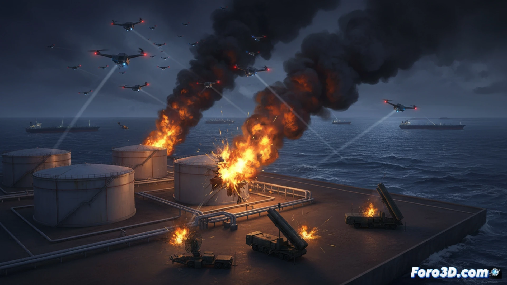 Mapa 3D del puerto de Primorsk con drones y fuego en terminal petrolera del Báltico