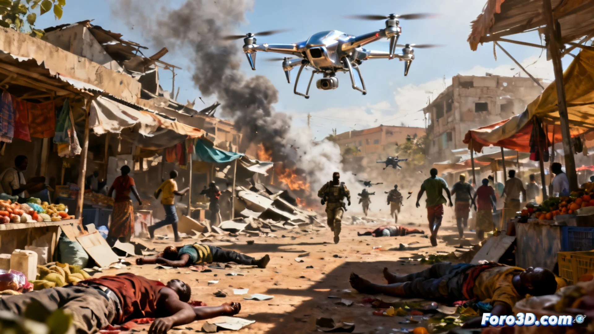 Mercado de Mushaki devastado, cuerpos entre escombros y humo, drones en cielo gris, civiles huyendo.