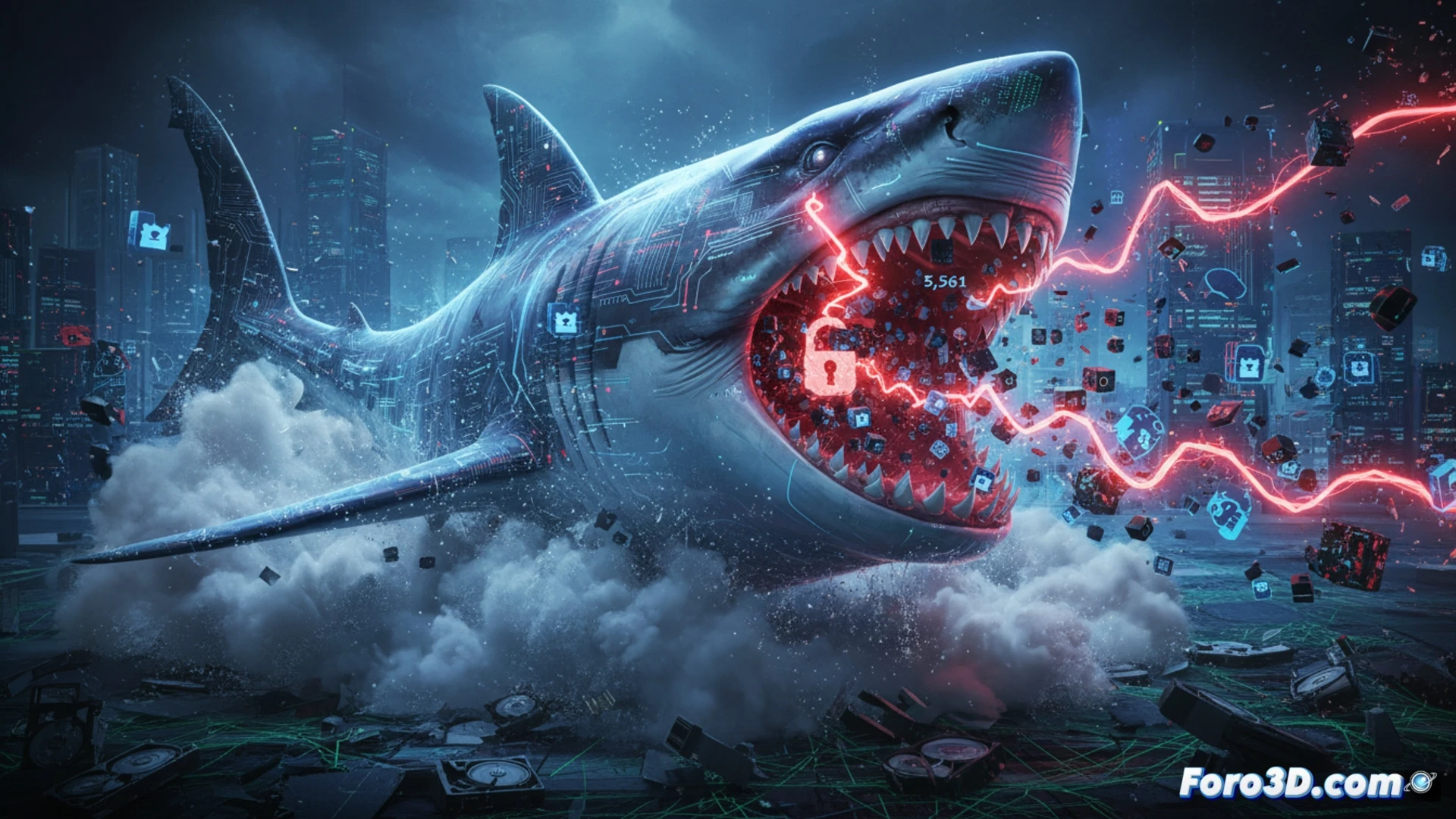 Technical illustration showing a compromised GitHub repository interface, a glowing red Megalodon shark fin icon breaking through a digital pipeline, malicious CI/CD workflow code injecting into build processes, stolen credential tokens flowing through broken security barriers, multiple repository nodes blinking red with infection indicators, dark cyberpunk server room background, holographic network connections displaying compromised chains, cinematic engineering visualization, dramatic red and blue lighting contrast, photorealistic technical render, ultra-detailed code syntax lines with error highlights, glowing attack vector paths