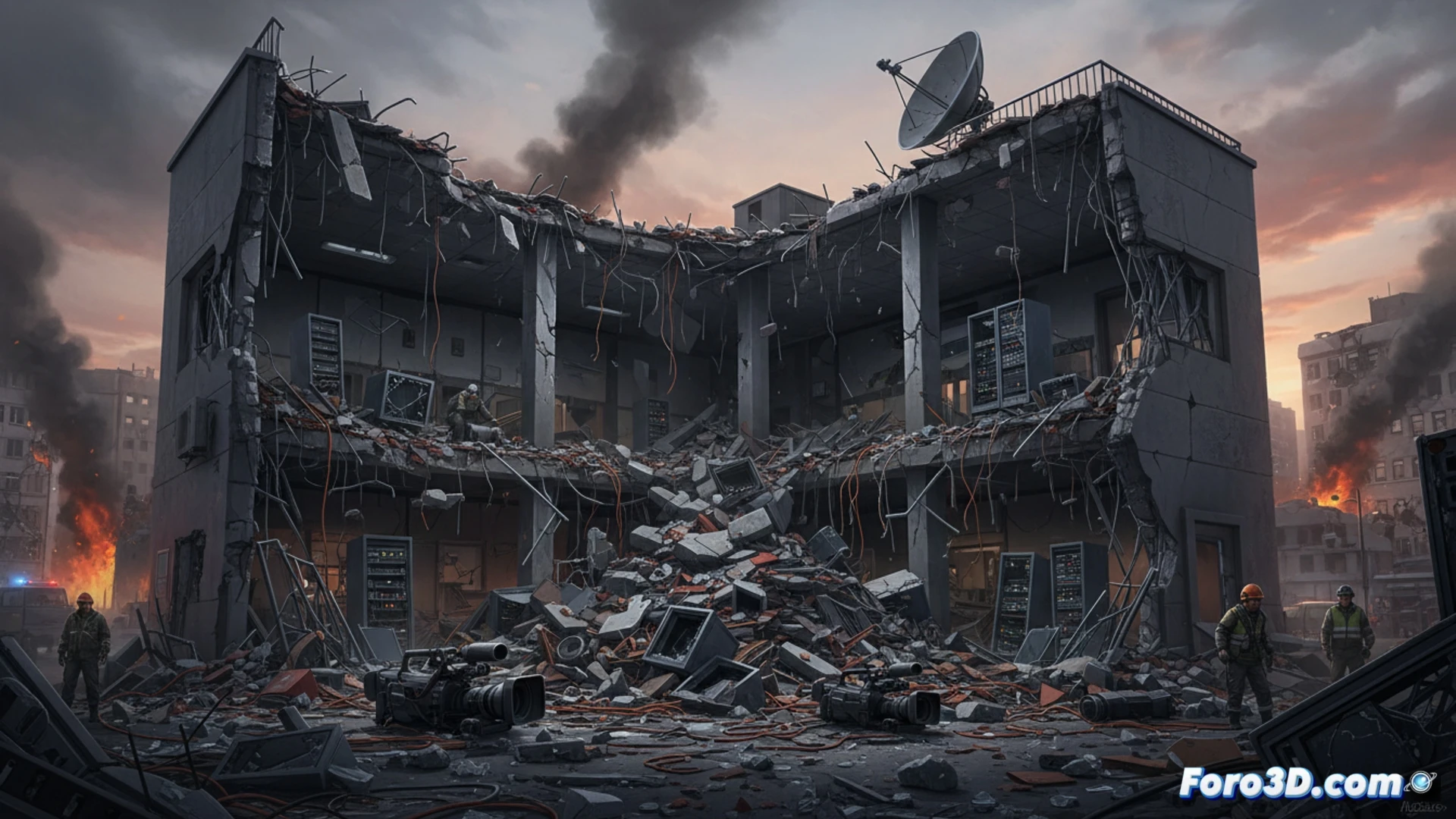 Estudio de televisión destruido en Kiev, paredes derrumbadas y ventanas rotas por onda expansiva, cables de fibra óptica colgando rotos, cámaras de estudio volcadas con lentes destrozados, consola de mezcla con pantallas agrietadas, sillas de despacho retorcidas, polvo y escombros en el suelo, un micrófono de brazo caído entre cristales, luz de emergencia roja parpadeando tenuemente, estilo cinematográfico fotorrealista, iluminación dramática con sombras profundas, texturas de hormigón astillado y metal doblado, alta definición, ambiente post-explosión.