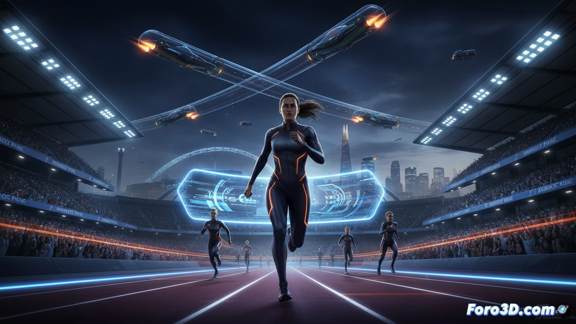 stadium interior with 10,500 seats glowing under dramatic floodlights, track surface polished for elite performance, female athletes exploding from starting blocks during a sprint race, motion blur on their limbs, high-end television production equipment capturing every angle, robotic cameras on rails tracking the action, a drone hovering above the track, cinematic sports visualization, photorealistic lighting, vibrant athletic uniforms, crowd cheering in blurred background, ultra-detailed textures on track and gear, dynamic composition, high contrast between shadows and illuminated athletes