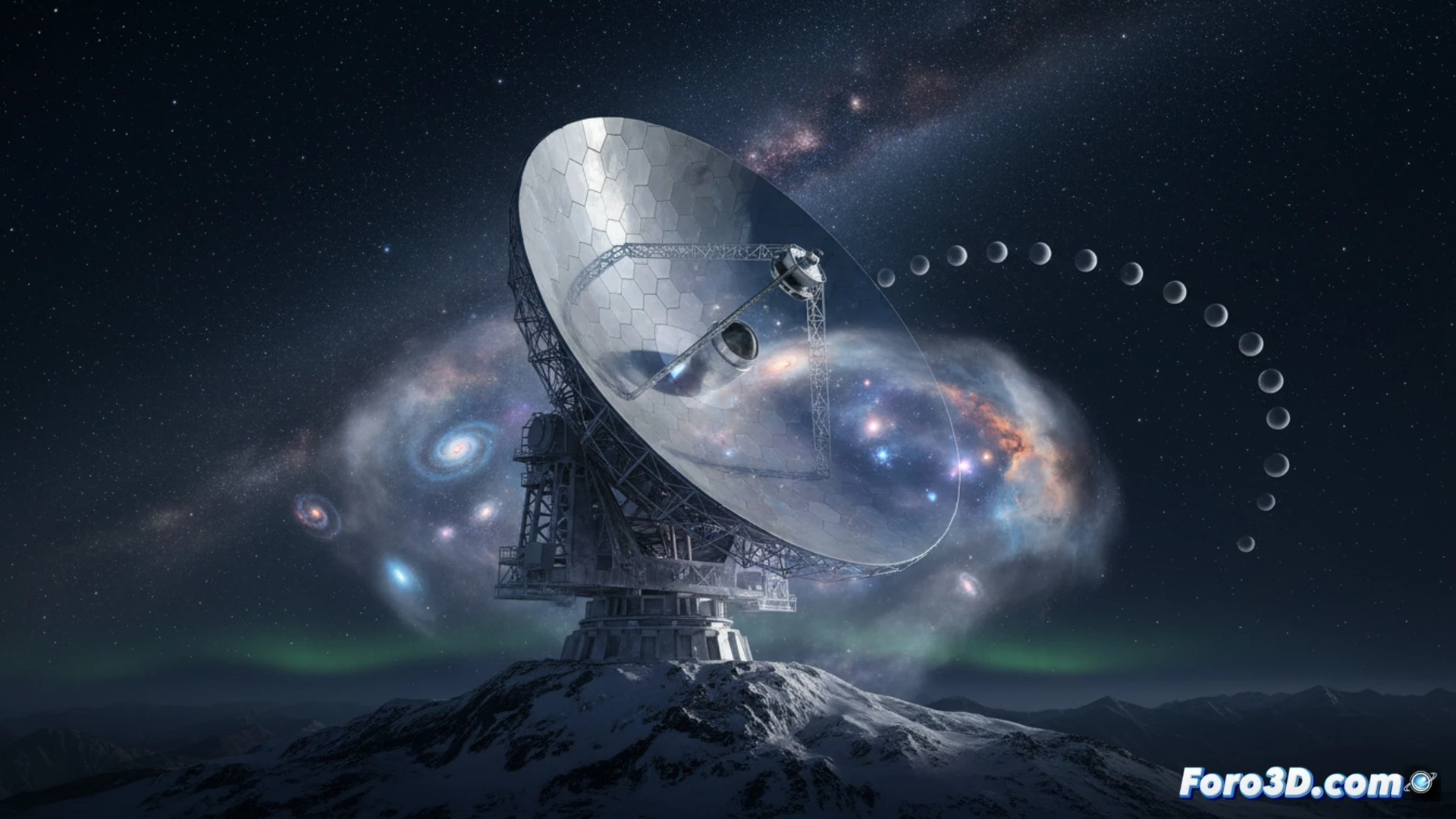 AtLAST telescope 50-meter parabolic dish scanning through dense cosmic dust clouds, secondary mirror 12 meters collecting infrared light, wide-field view covering 16 lunar areas simultaneously, dust particles glowing orange and blue as they are penetrated by radio waves, ALMA comparison inset showing smaller field of view, cinematic engineering visualization, photorealistic metallic dish surface, dramatic space lighting, starfield background partially obscured by swirling dust, ultra-detailed mechanical structures, technical illustration style
