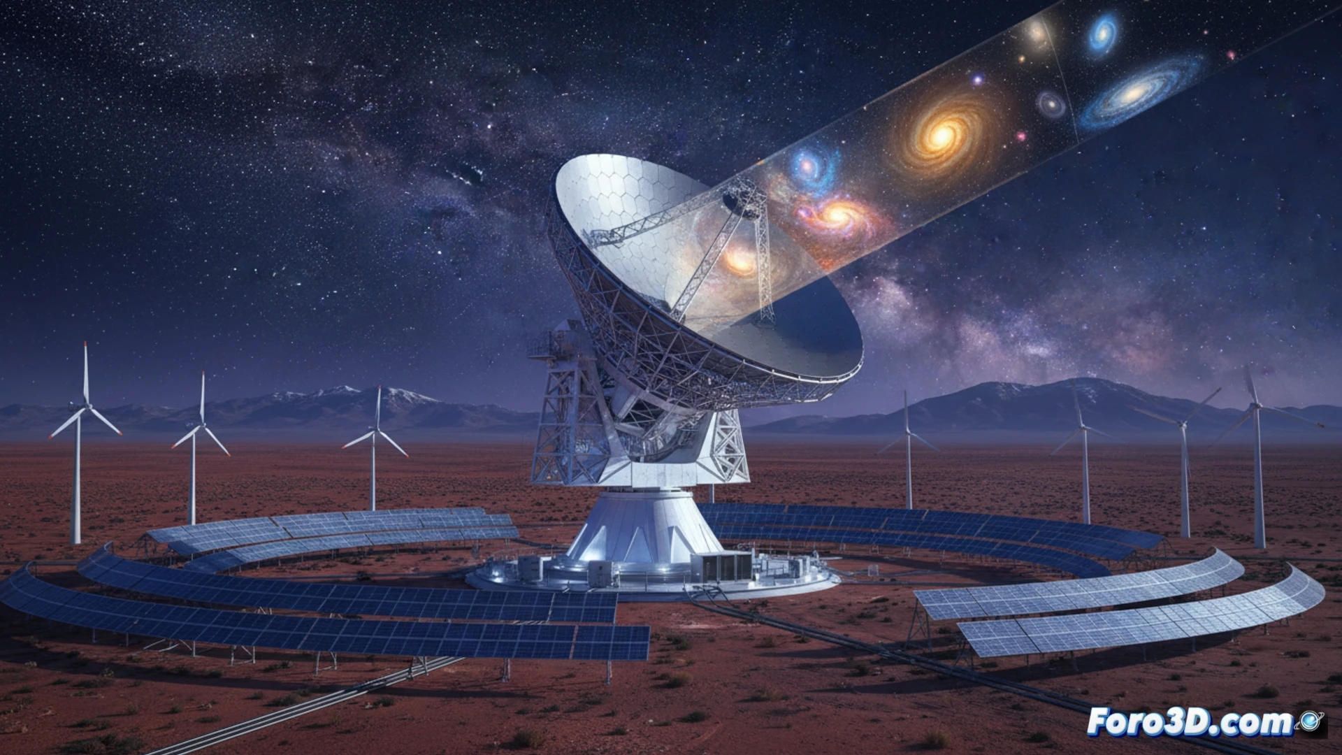 massive 50-meter parabolic antenna dish under construction in Atacama desert, engineers in white suits assembling hexagonal reflective panels while solar panels and wind turbines power the site, telescope pointing toward Milky Way, dust particles glowing in submilimetric wavelength detection simulation, comparison with smaller ALMA antennas in background, cinematic engineering visualization, golden sunset light casting long shadows, photorealistic technical render with intricate mechanical details