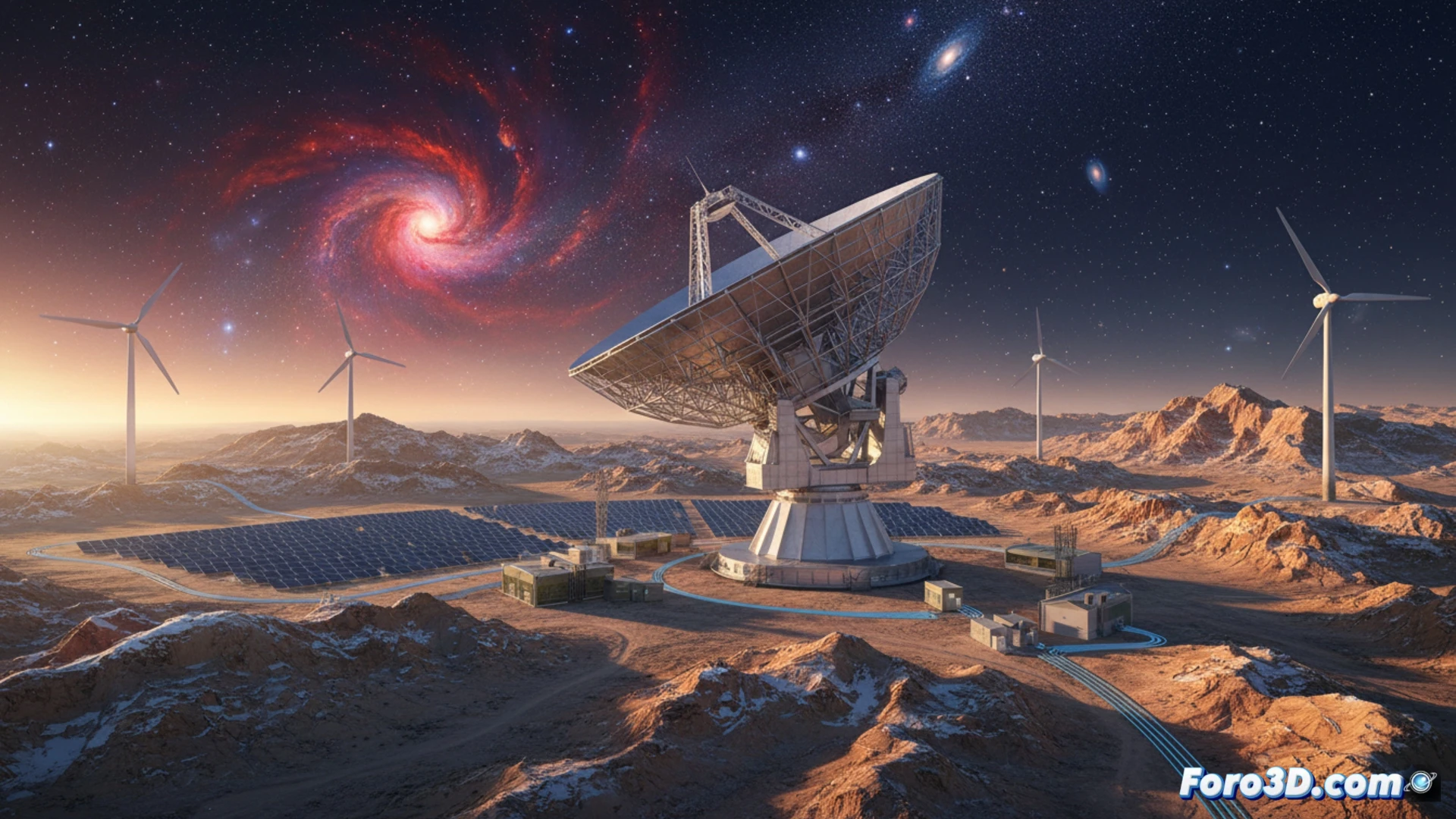 Atacama desert plateau at 5,000 meters elevation, AtLAST telescope dish tilting toward starry sky while solar panels track sunlight on adjacent ridge, wind turbines spinning behind the structure, engineers inspecting lightweight aluminum and steel truss supports during golden hour, construction cranes lifting modular components, dust devils swirling across arid ground, technical engineering visualization, photorealistic render, dramatic sunset lighting casting long shadows, ultra-detailed mechanical joints and reflective surfaces, clean energy infrastructure integrated with observatory, cinematic wide-angle composition
