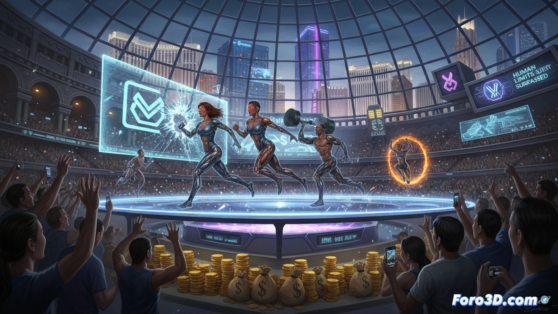 A superhuman sprinter mid-stride on a laser-tracked running oval, glowing chemical vials embedded in a transparent armband, muscles visibly enhanced with glowing subcutaneous fiber-optic lines, a holographic timer counting down above a digital billboard reading cash prize amounts, surrounded by neon-lit Las Vegas stadium architecture, cinematic photorealistic style, dramatic high-contrast lighting, motion blur on legs, sweat droplets catching stadium lights, ultra-detailed skin texture, technical illustration of biomechanical augmentation