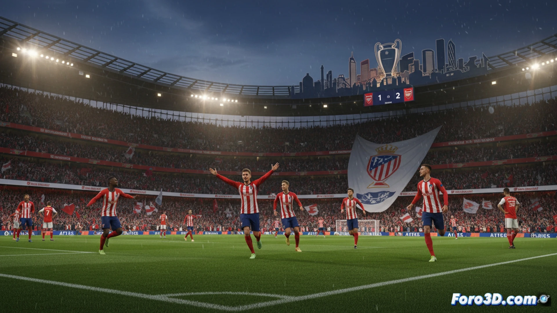 Atlético de Madrid en el Emirates Stadium, con jugadores rojiblancos celebrando y el marcador 2-1, rumbo a la final de Budapest.