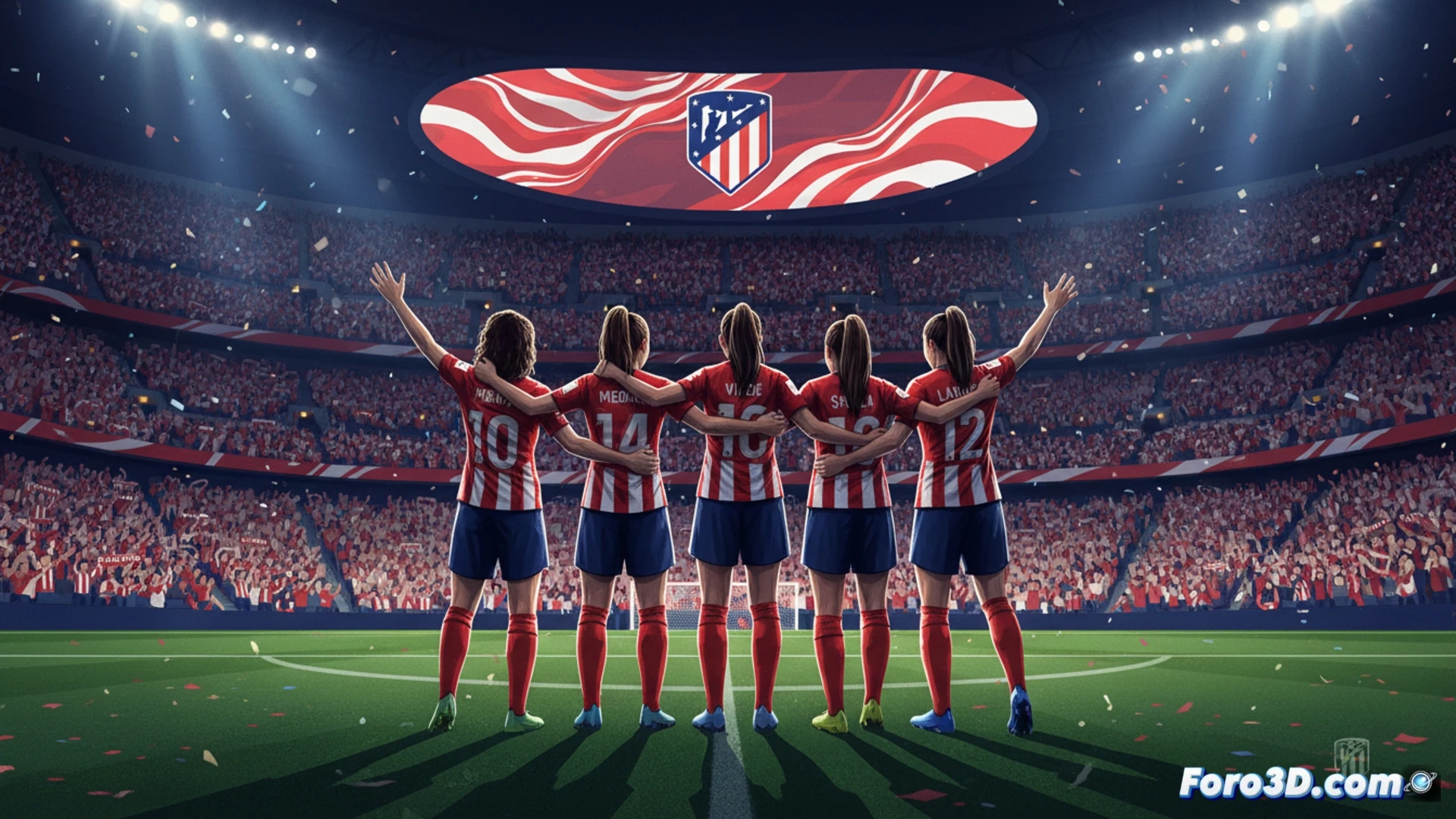 Estadio Metropolitano al atardecer, cinco camisetas rojiblancas colgadas en el centro del campo mientras aficionados sostienen bufandas al aire, proyector de luz cenital iluminando cada dorsal, marcador electrónico apagado mostrando silueta de tribuna, césped con marcas de césped recién cortado, jugadores del Atlético formados en círculo alrededor del homenaje, cámara de televisión sobre grúa robótica capturando el tributo, estilo cinematográfico realista, iluminación dramática dorada y sombra, textura de hierba y gradas metálicas, photorealistic technical render, atmósfera emotiva